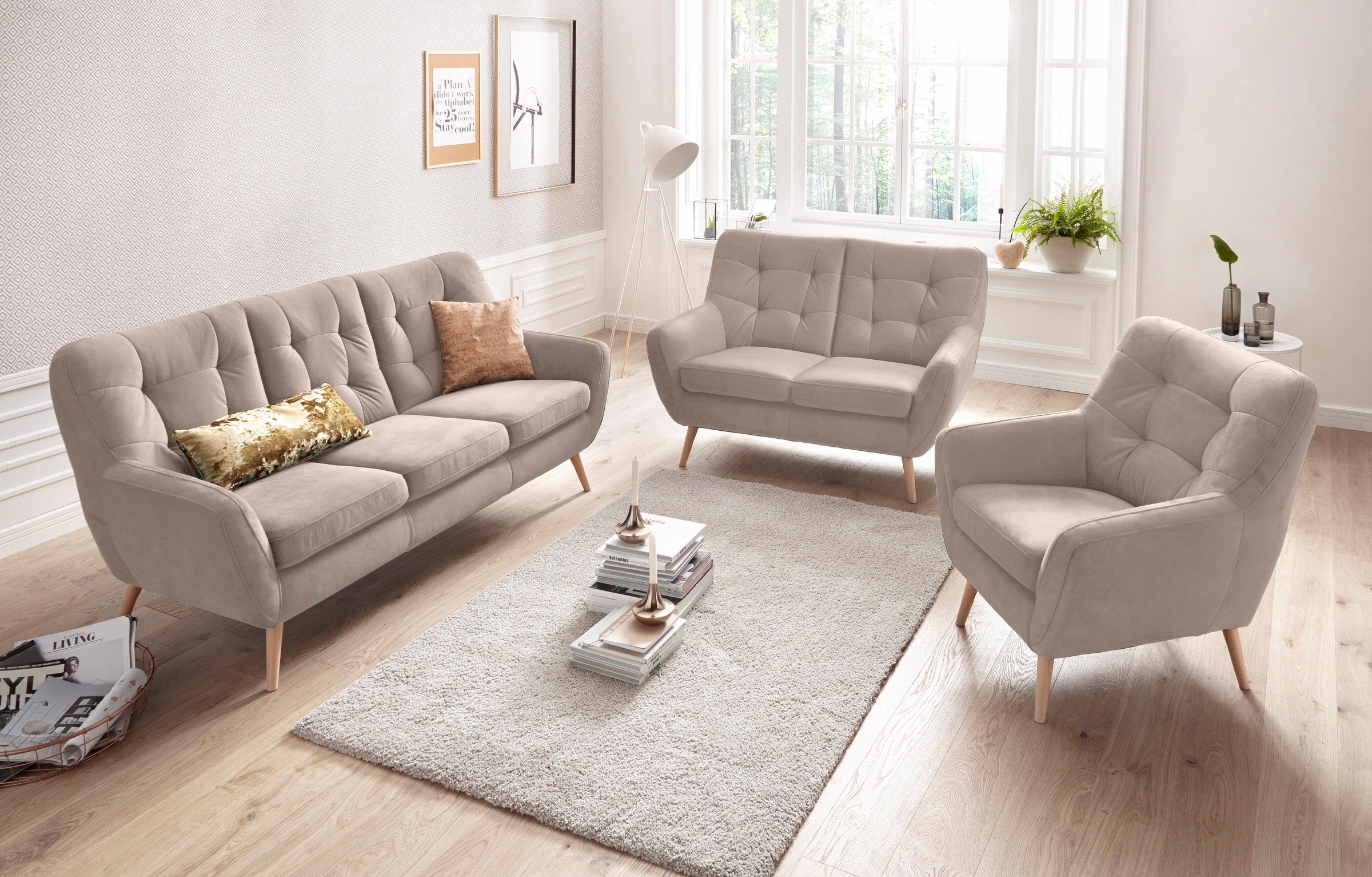 exxpo - sofa fashion 3-Sitzer »Scandi, bequem, aufwendige Rückenpolsterung für mehr Sitzkomfort«, aktuelle Farben in hochwertigen Bezugsqualitäten, Holzfuss