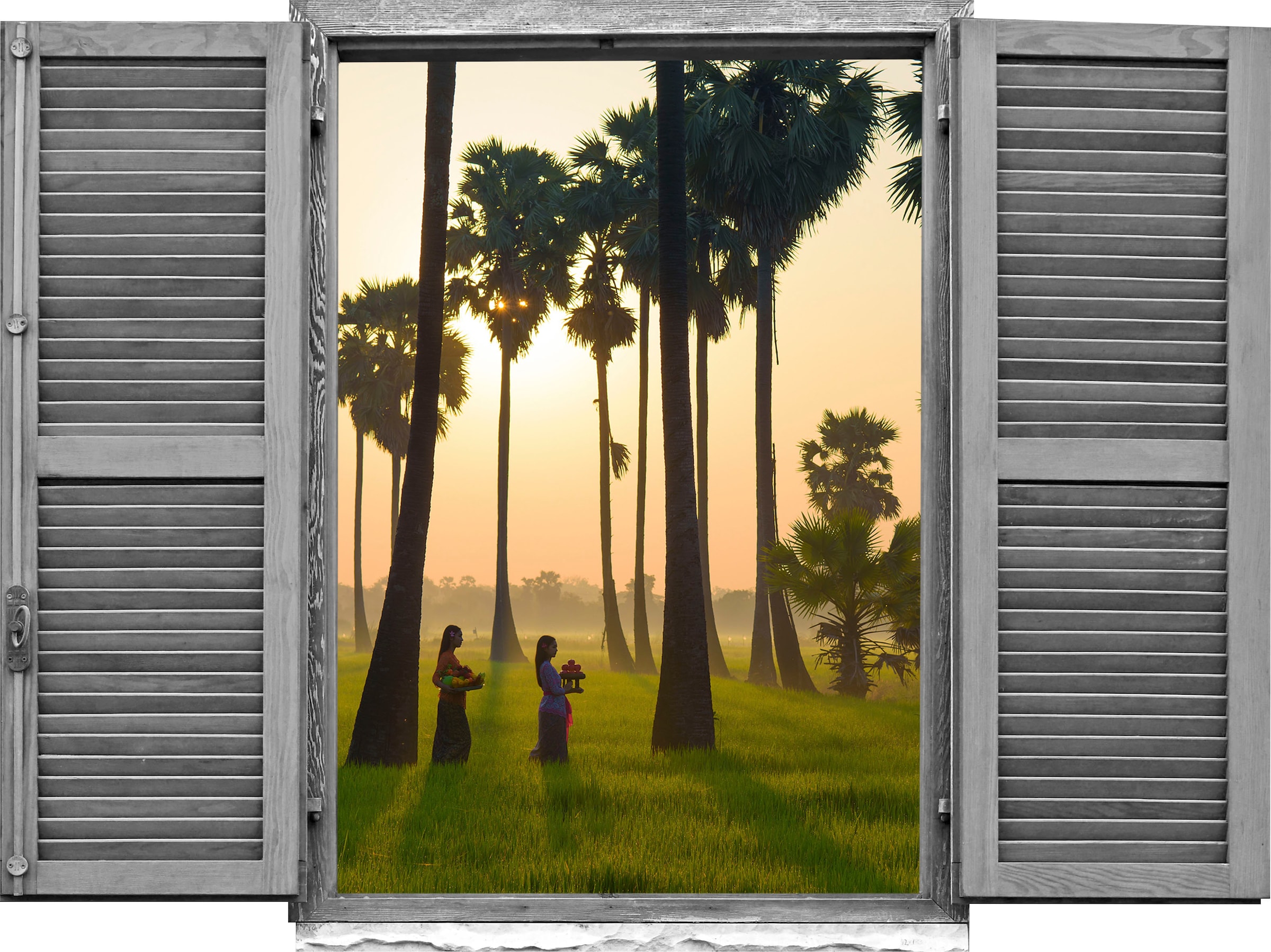 queence Wandtattoo "Lichtung im Sonnenunterg" Wandsticker, Wandbild, selbstklebend, 3D, Fenster