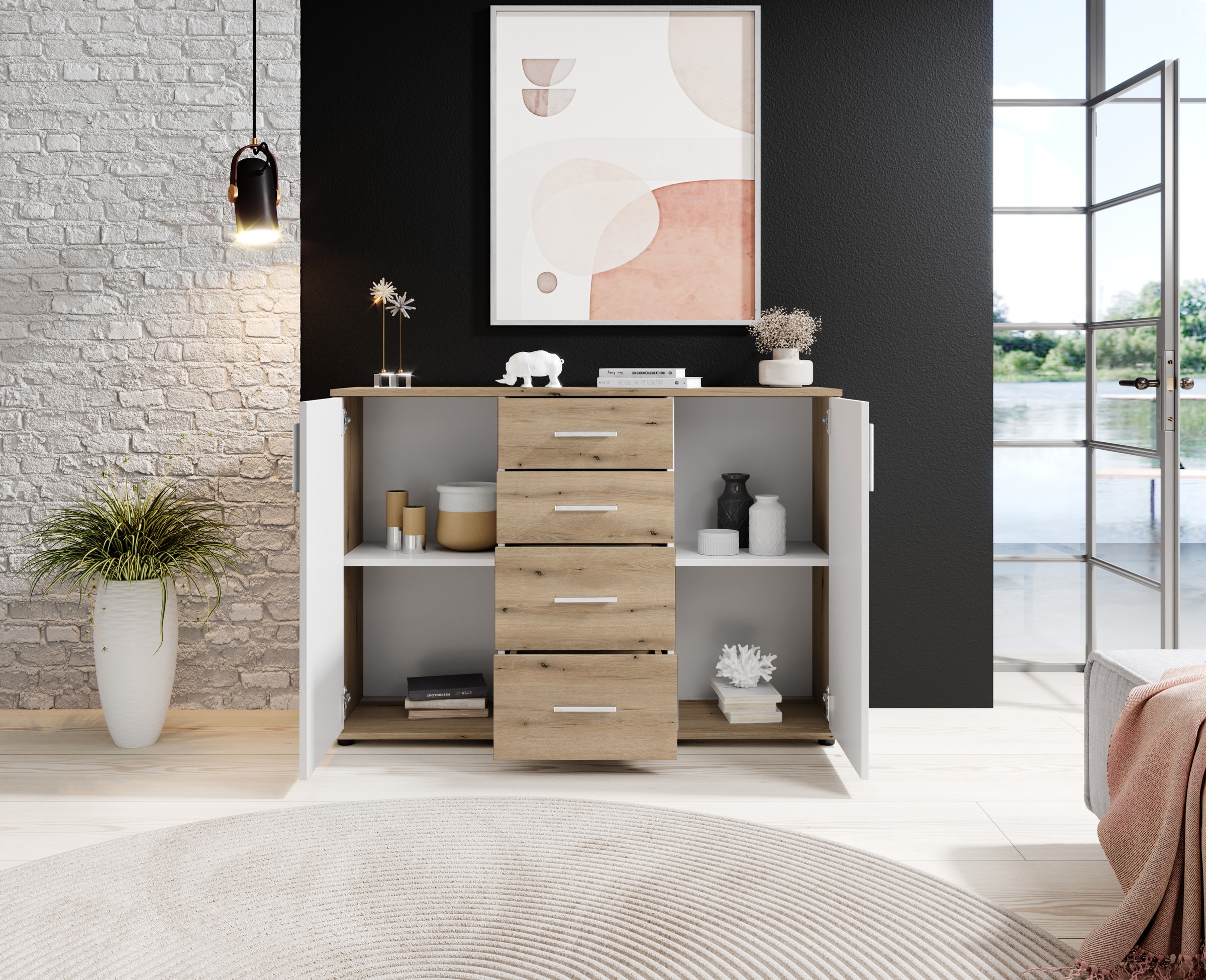 HBZ Kommode »BC-Drift-2, Sideboard Stellmass 120x84x35 cm«, (1 St.), Sideboard mit 2 Türen, 4 Schubkästen, 2 Einlegeböden