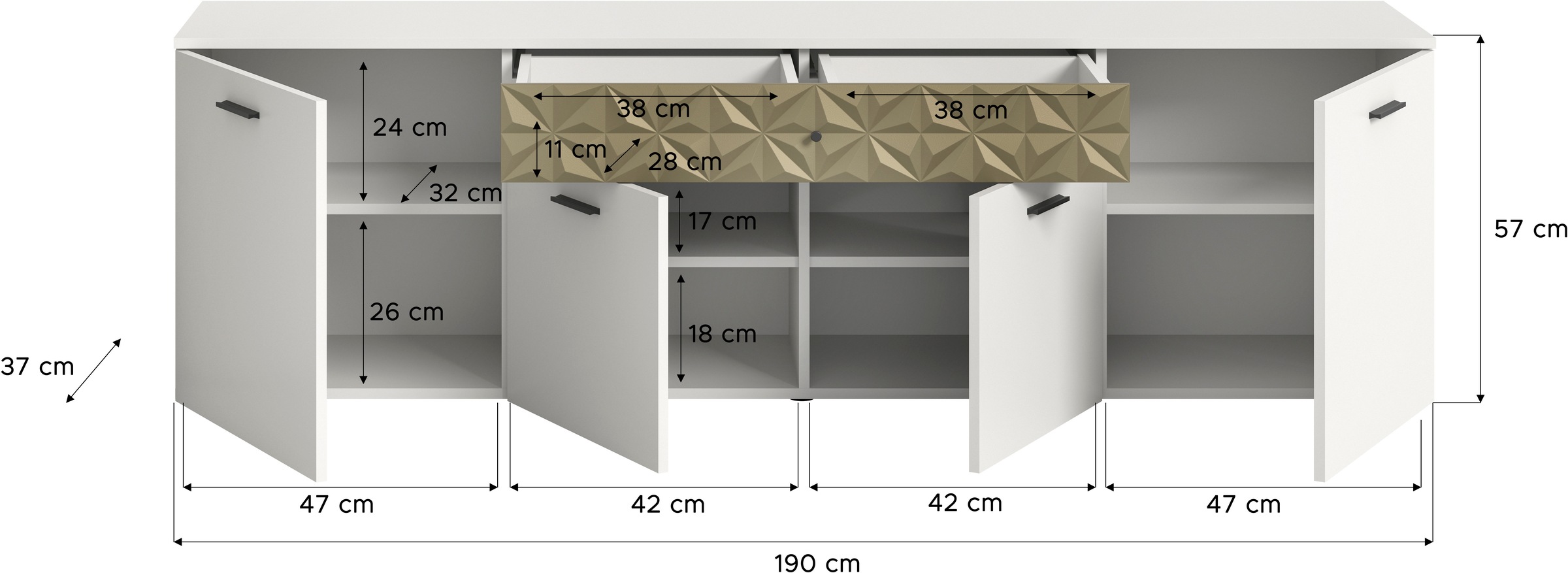 INOSIGN Lowboard »Vicenza, Breite 190cm, Ornamentabsetzung, 4 Türen, 1 Schubkasten«, 8 Fächer, Metallgriffe, TV-Schrank, Fernsehschrank, Mediaboard
