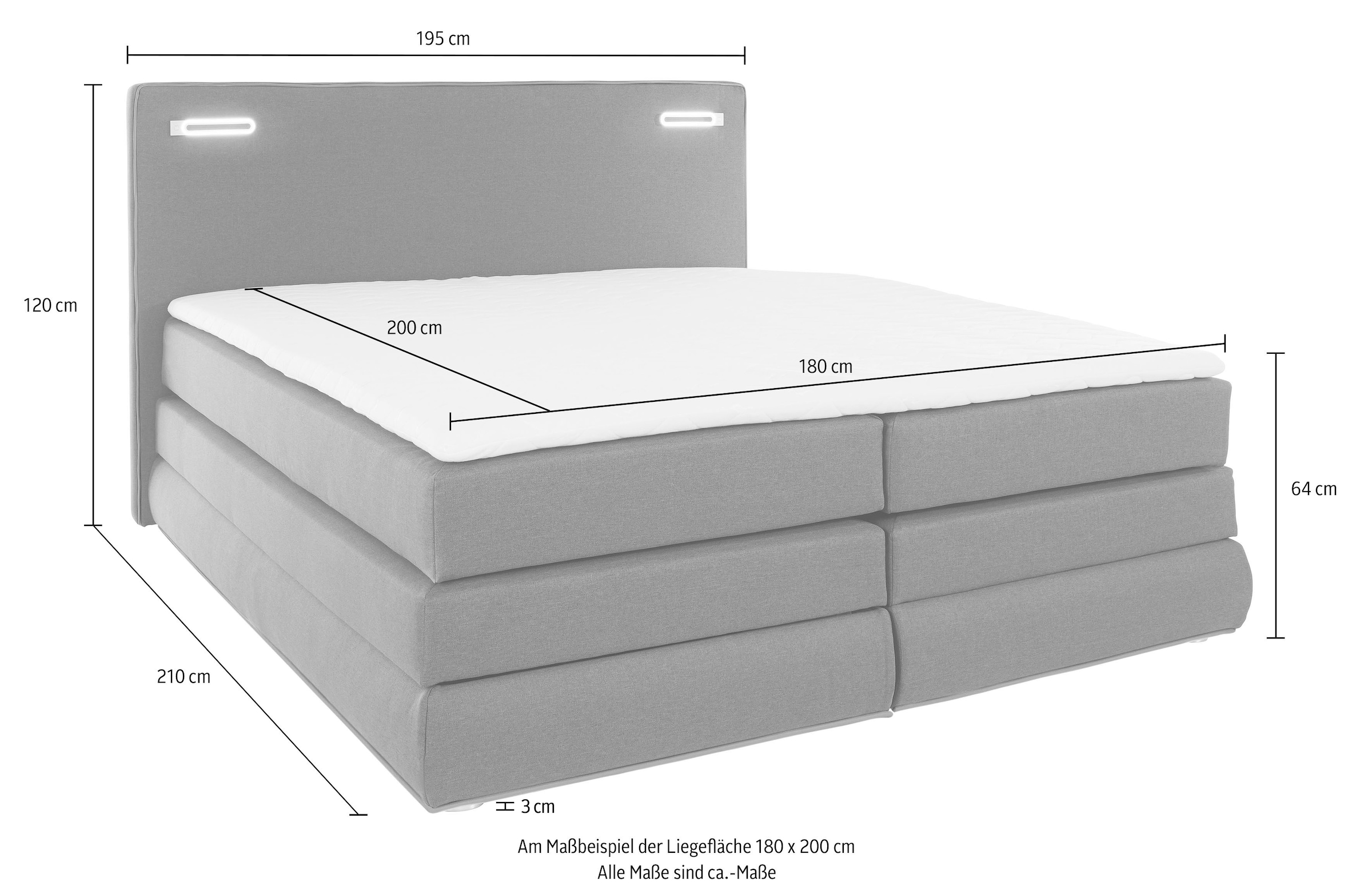 COLLECTION AB Boxspringbett »Ninoni«, inkl. Bettkasten, Topper und wahlweise mit LED-Beleuchtung, Liegefläche 180 x 200 cm