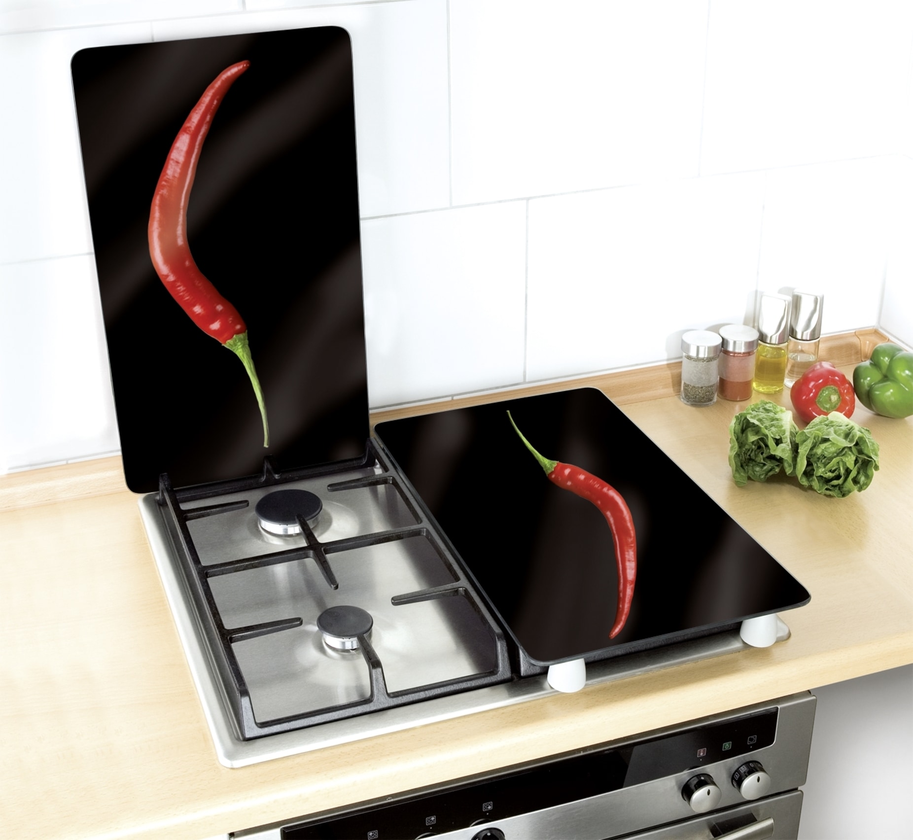 WENKO Herd-Abdeckplatte »Universal Modell Hot Peperoni«, (Set, 2 tlg.), Herdabdeckung für alle Herdarten, kratzfest, mit rutschfesten Füssen
