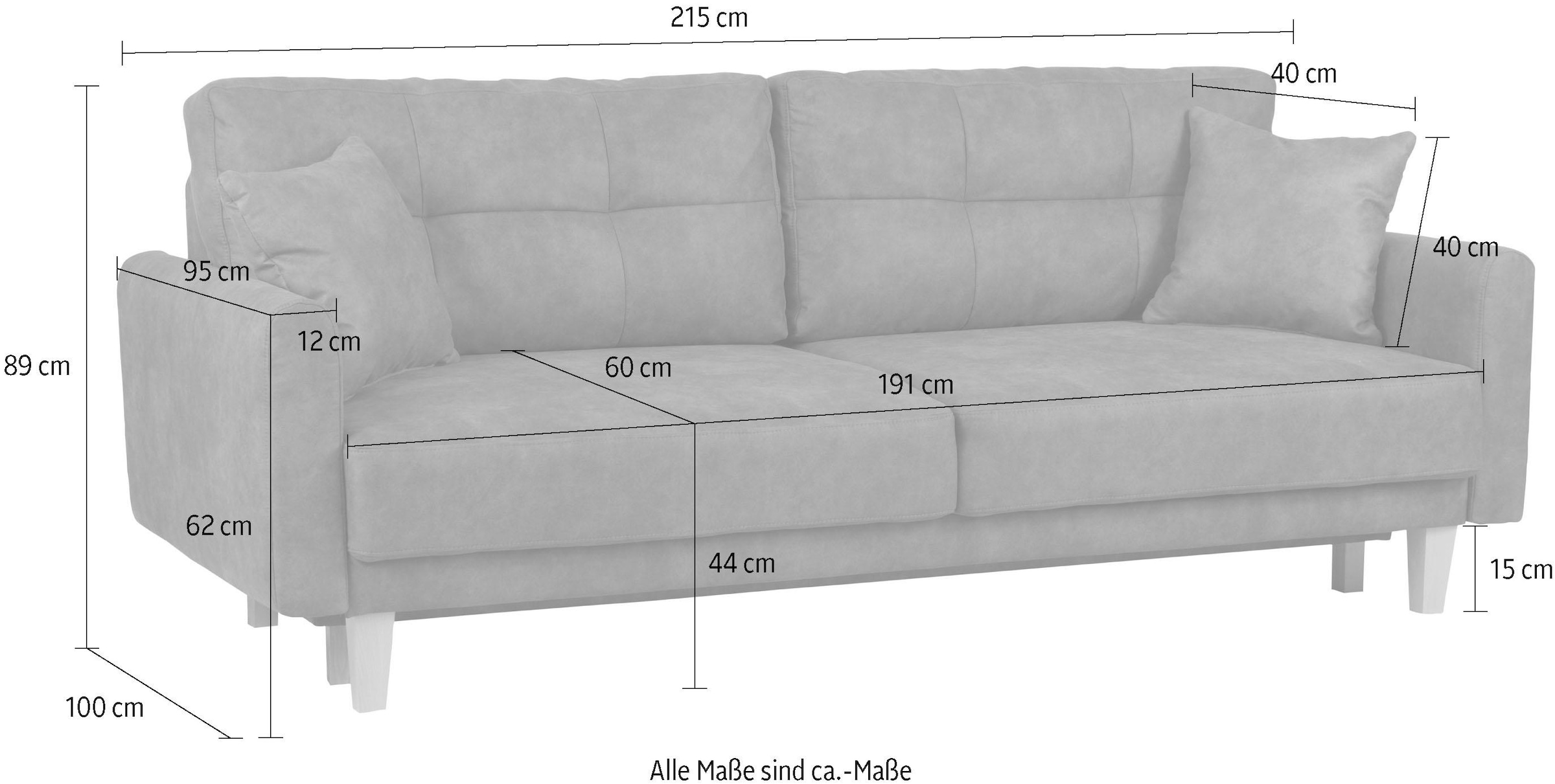 Home affaire 3-Sitzer »TRIPLO optionale Schlafsofa mit Bettkasten, Masse B/T/H: 215/100/89 cm«, Wahlweise Bettfunktion - Liegefläche 145x191 cm, Rücken-, Zierkissen