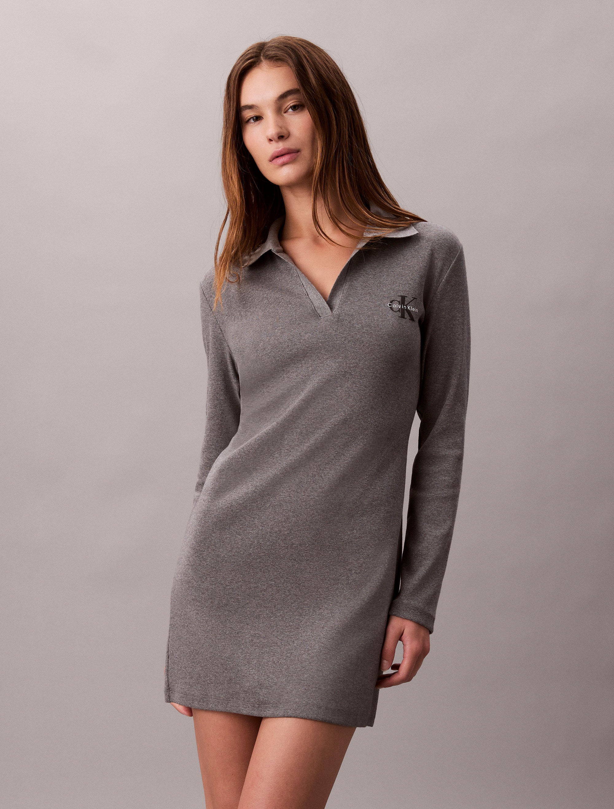 Calvin Klein Jeans Minikleid »LS MONOLOGO RIB POLO MINI DRESS« Ohne Taschen Polokragen, V-Ausschnitt, figurbetont