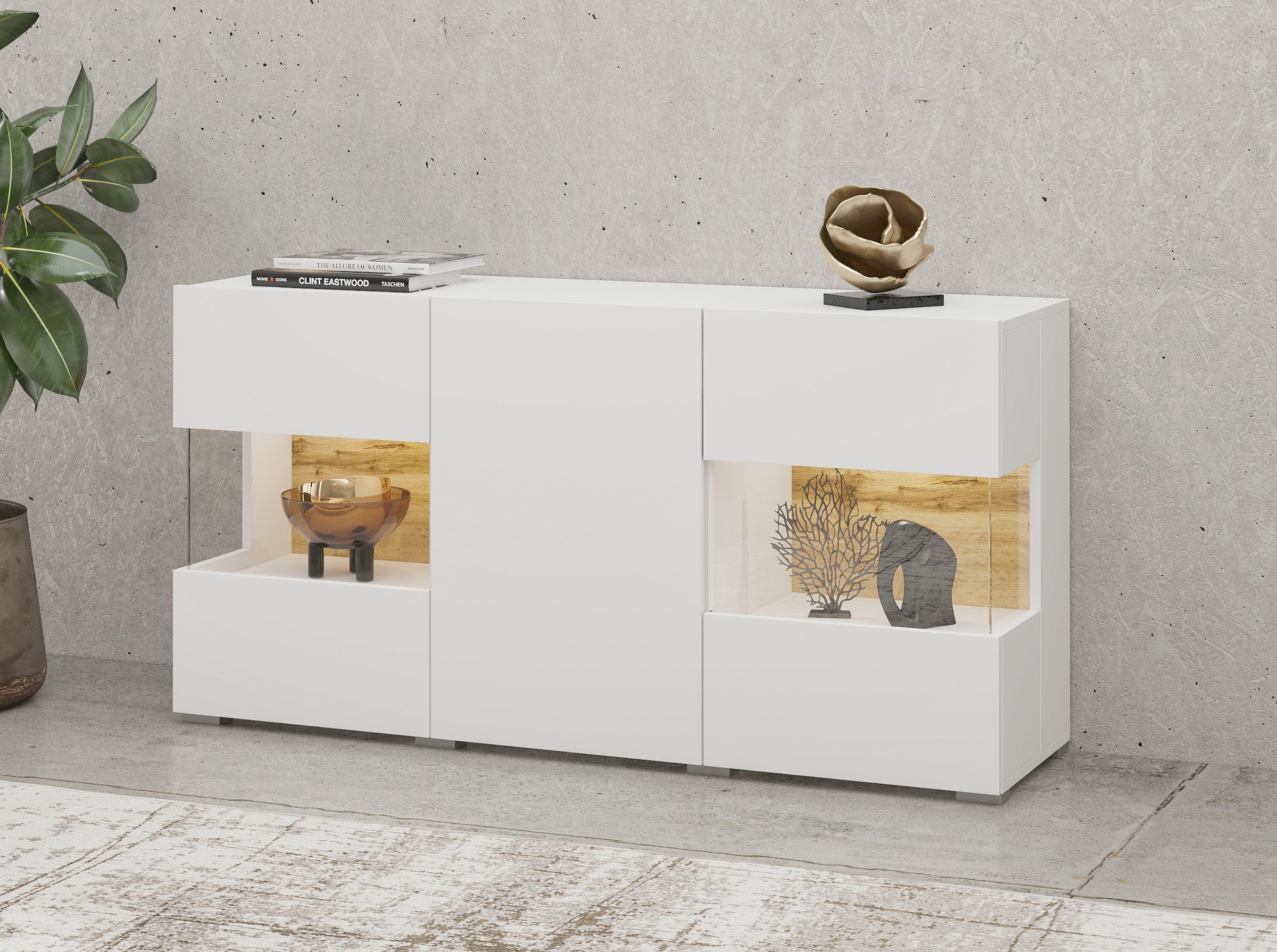 INOSIGN Sideboard »Ava, Breite 120 cm, hängend und stehend montierbar«, moderne grifflose Kommode, Anrichte, 3Türen, Eckverglasung