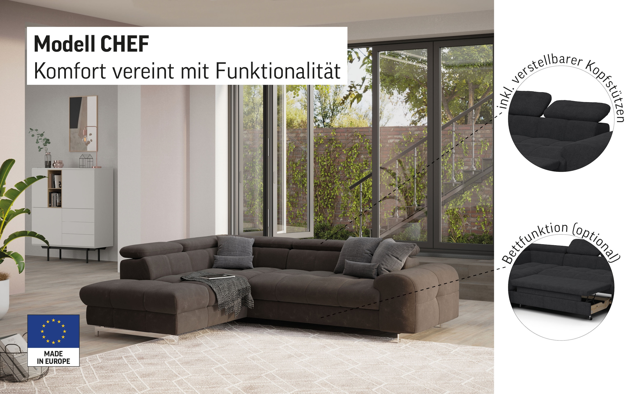 COTTA Ecksofa "Chef bequem, tolle Verarbeitungsdetails, Breite 262cm, L-Form" mit Kopfteilverstellung, edle Metallkufen, optional Schlaffunktion