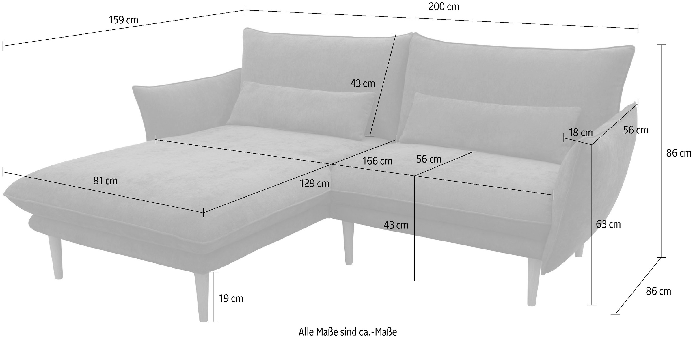 DOMO collection Ecksofa »Leuven kompakte Stellmasse, Breite 200 cm, schmale Armlehnen, L-Form«, angenehm feste Polsterung, bodenfrei, 19 cm hohe Holzfüsse