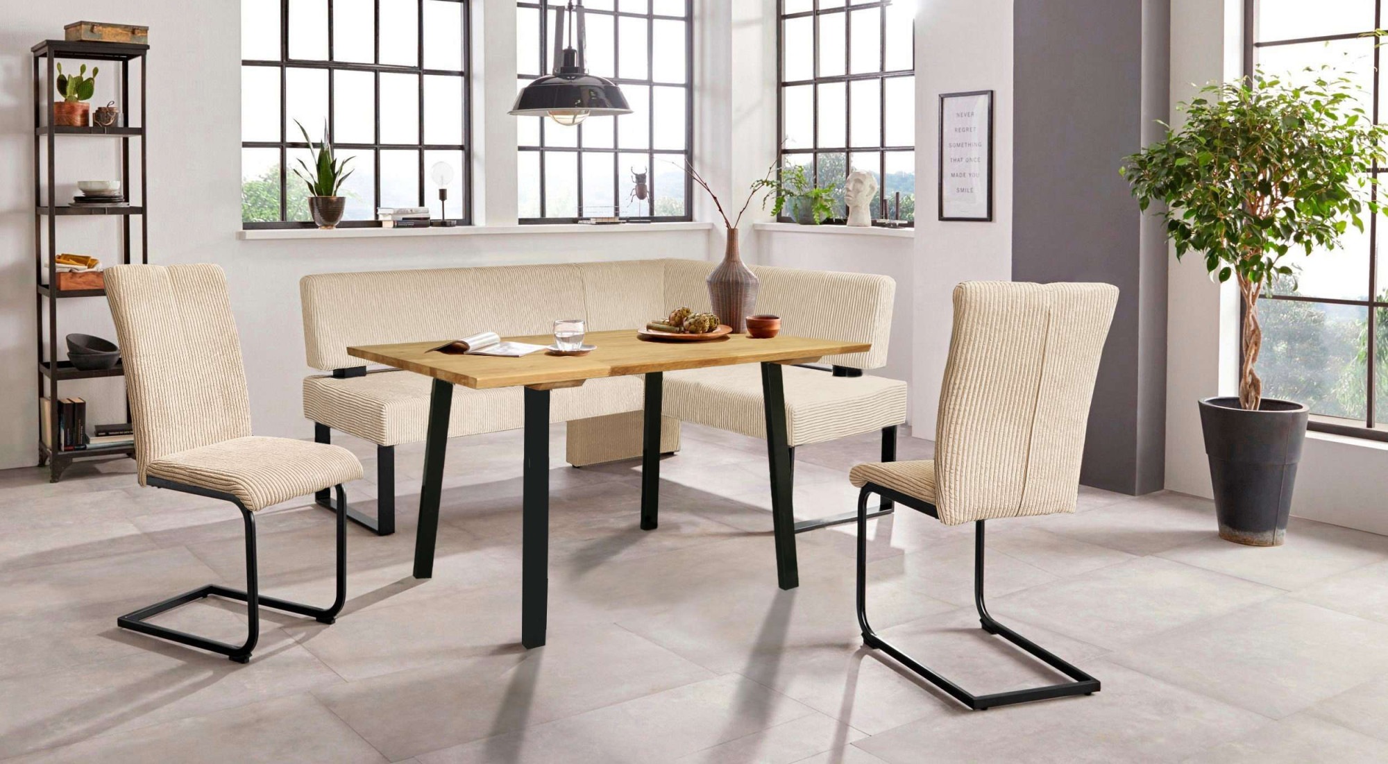 GOODproduct Eckbankgruppe "Oliver" Set, 4-tlg, 4 Stk. tlg. Eckbank mit Wellenunterfederung im Sitz, Tisch Massiv Eiche