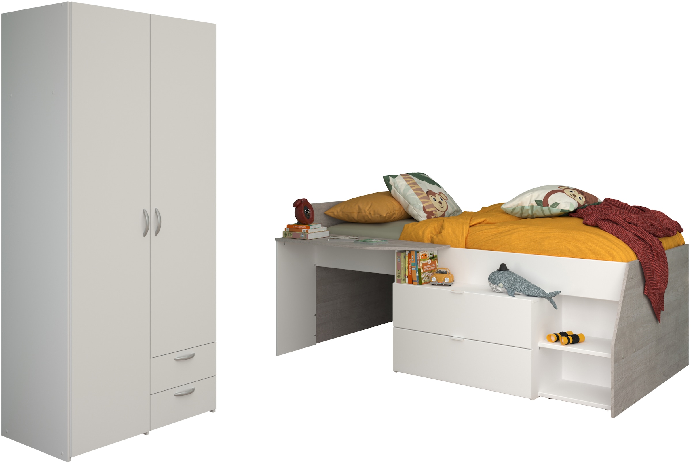 Parisot Jugendzimmer-Set "Parisot Milky 14" Bestehend aus halbhohem Hochbett und 2-trg. Kleiderschrank, 2 Stk. tlg.