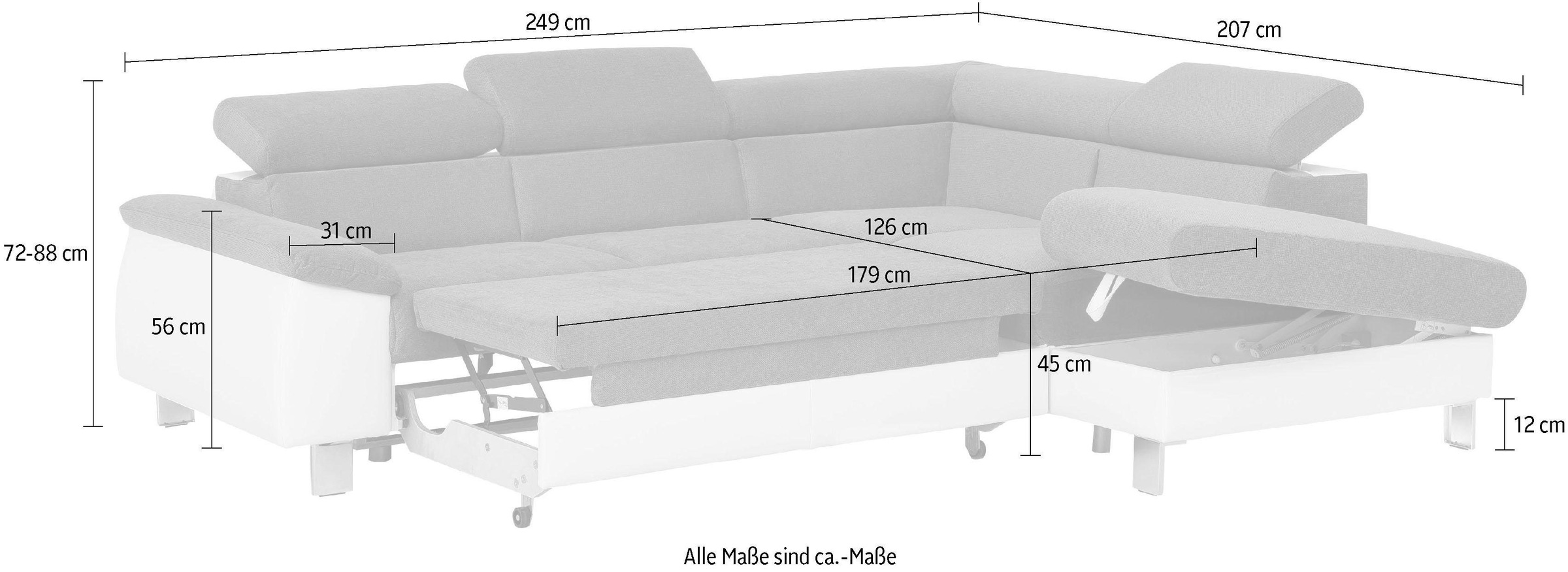 COTTA Ecksofa »Komaris L-Form mit Kopfteilverstellung«, wahlweise mit Bettfunktion, Bettkasten & Beleuchtung