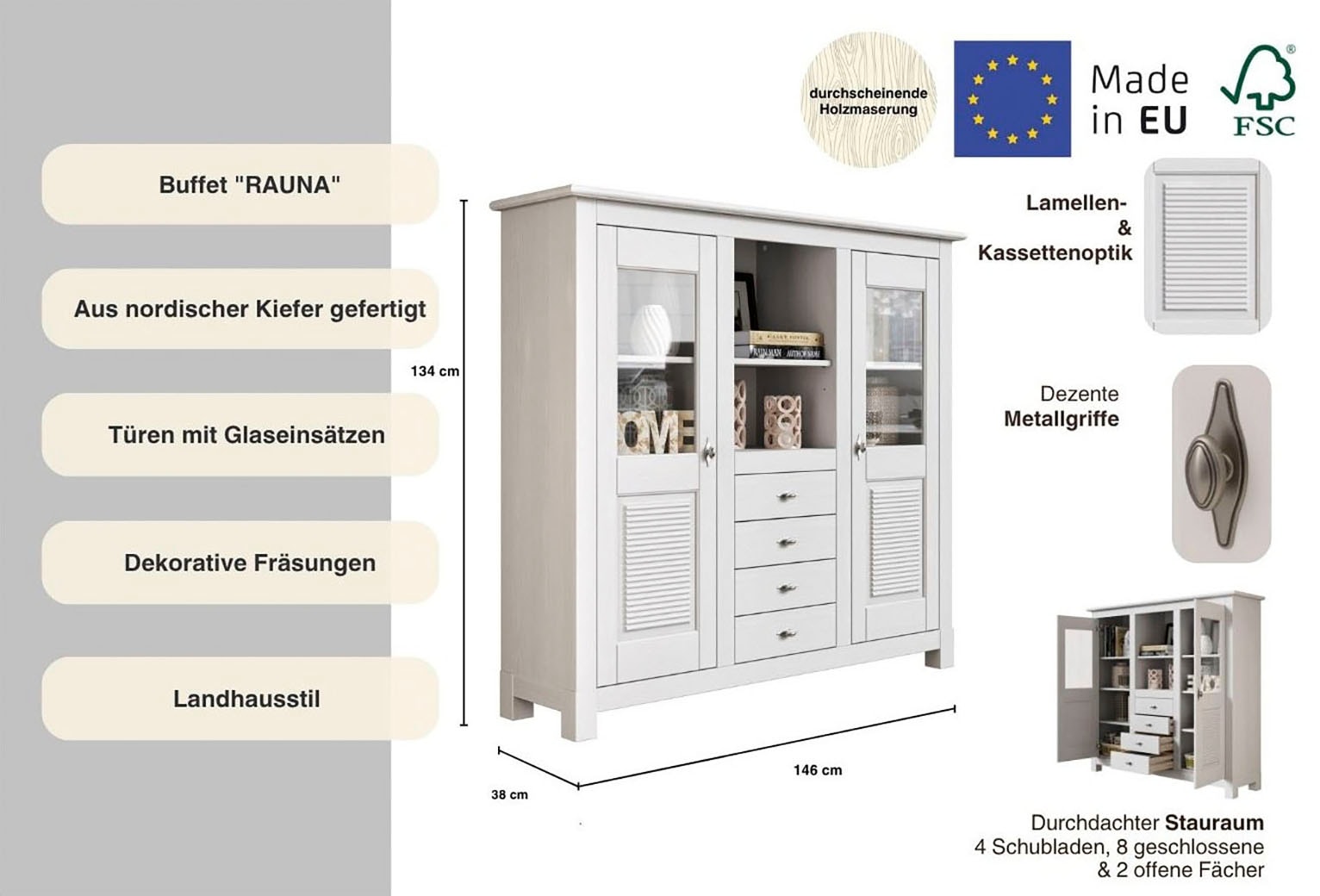 Home affaire Buffet »Rauna«, Highboard, massive Kiefer, Türen mit Glaseinsätzen, B/H 146/134 cm