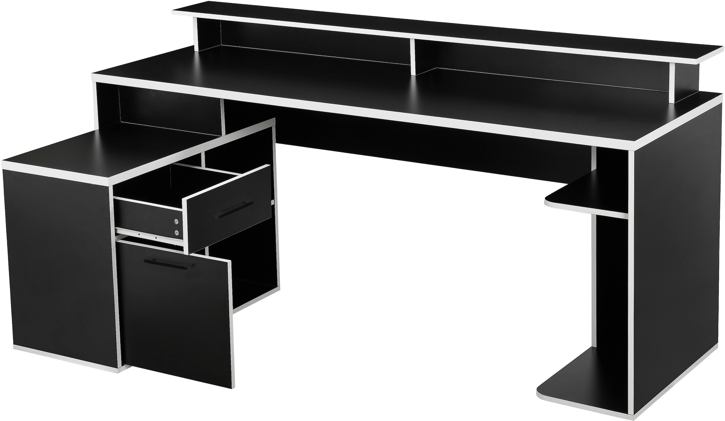 INOSIGN Gamingtisch »Game, Computertisch, Eckschreibtisch«, Towerfach, Kabeldurchlass, Monitoraufsatz, Stauraum, Masse 180x102 cm