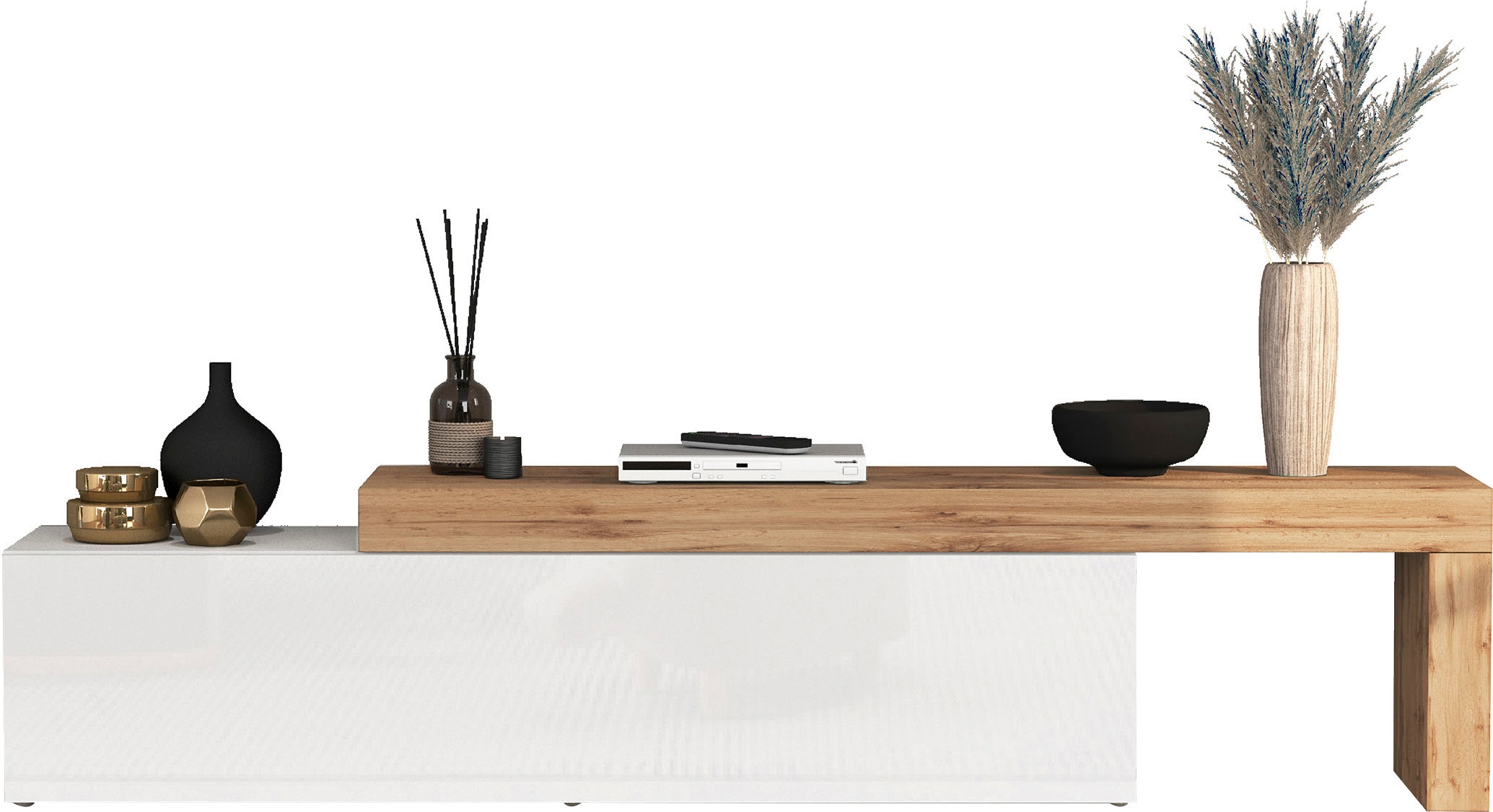 INOSIGN Lowboard »Chronos TV-Board, TV-Schrank«, (1 St., Breite verstellbar von 190 bis 350 cm), Breite 270 cm TV-Board,Lowboard,1 Klappe und ein L-Förmiger Aufsatz