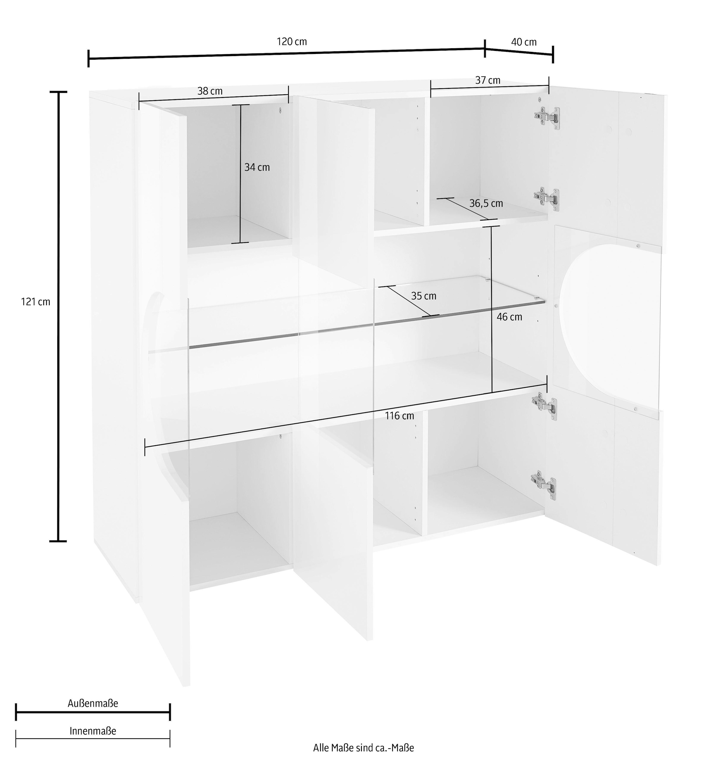 INOSIGN Highboard »Real,Highboard,Kommode,Schrank mit 3 Türen,komplett hochglanz lackiert«, mit 3 Türen, davon 2 aus Glas, mit einer grossen Glasablage im Inneren