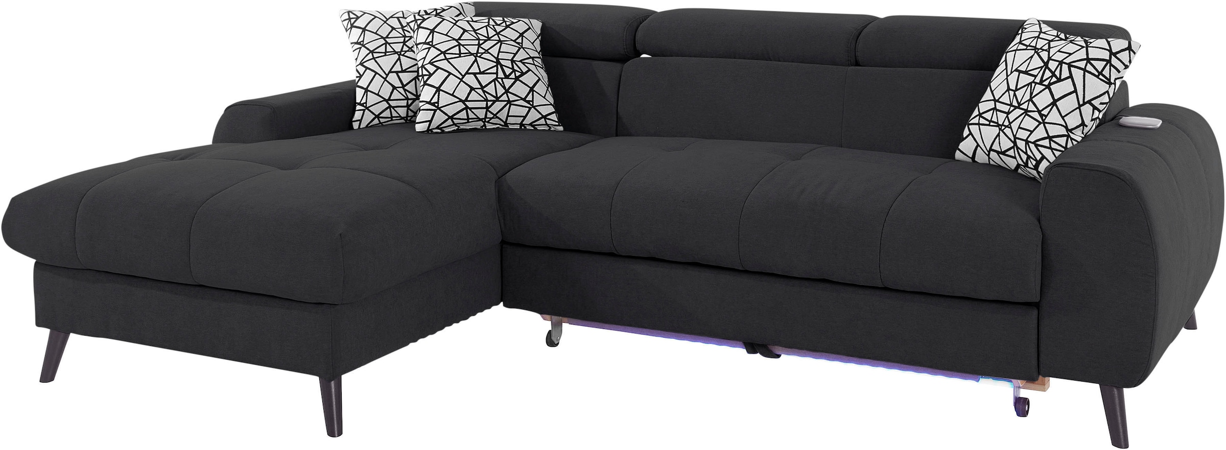 COTTA Ecksofa »Mia L-Form mit 3 Zierkissen«, wahlweise mit Bettfunktion, Bettkasten, Beleuchtung & Wireless-Charger
