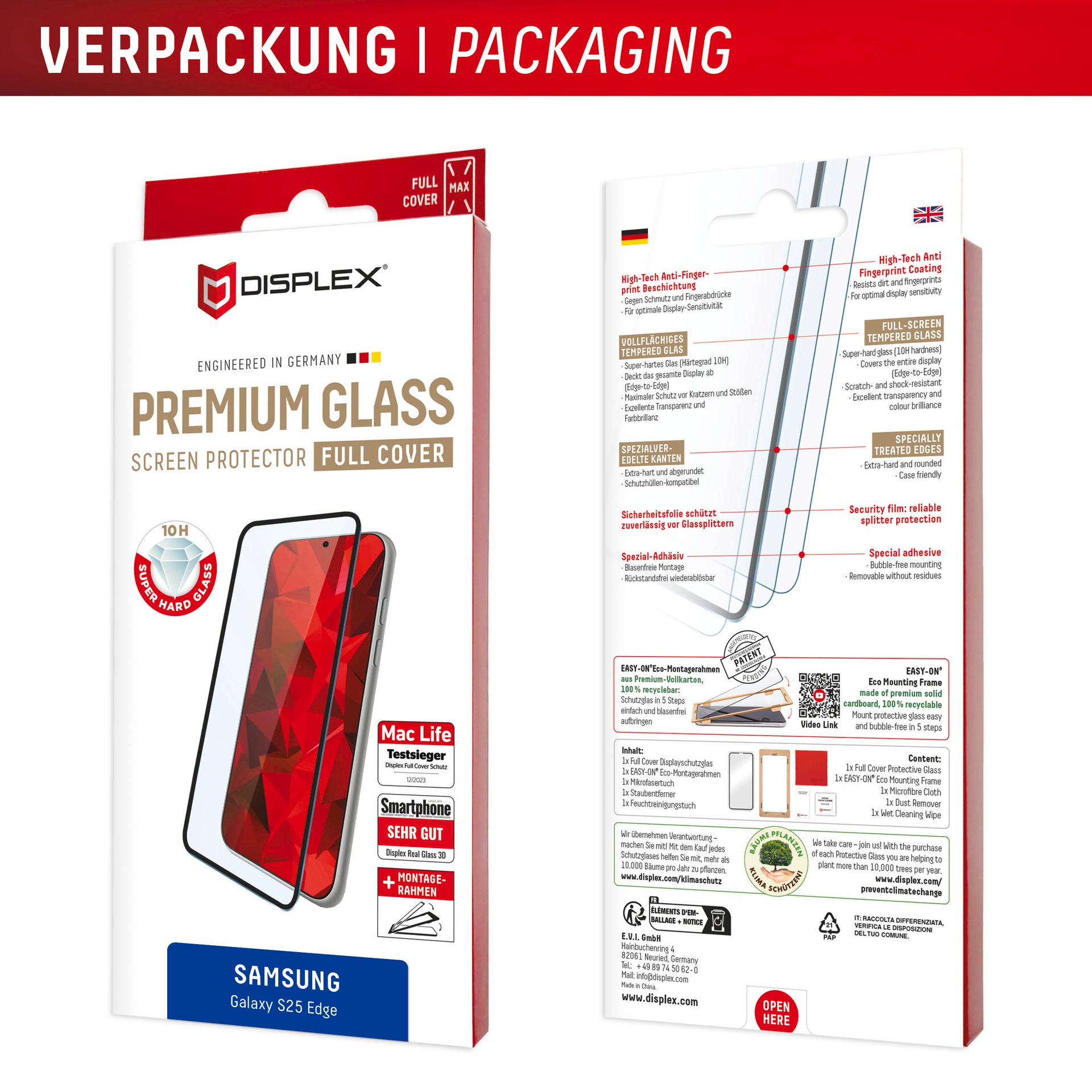 Displex Displayschutzglas »Premium Glass Screen Protector (Full Cover)«, für Samsung Galaxy S25 Edge, Displayschutzfolie, Schutzfolie, Bildschirmschutz, kratz- & stossfest