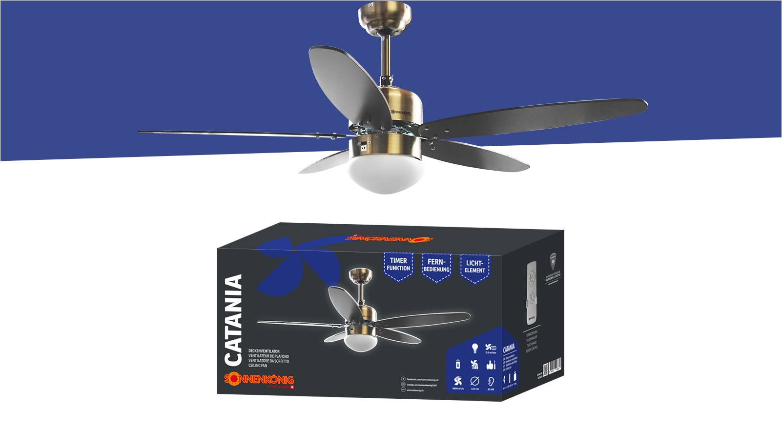 Sonnenkönig Deckenventilator »Catania, Leistung 70W, laufruhig, Fernbedienung, Lampe«, 3 Ventilationsstufen, 5 Blätter