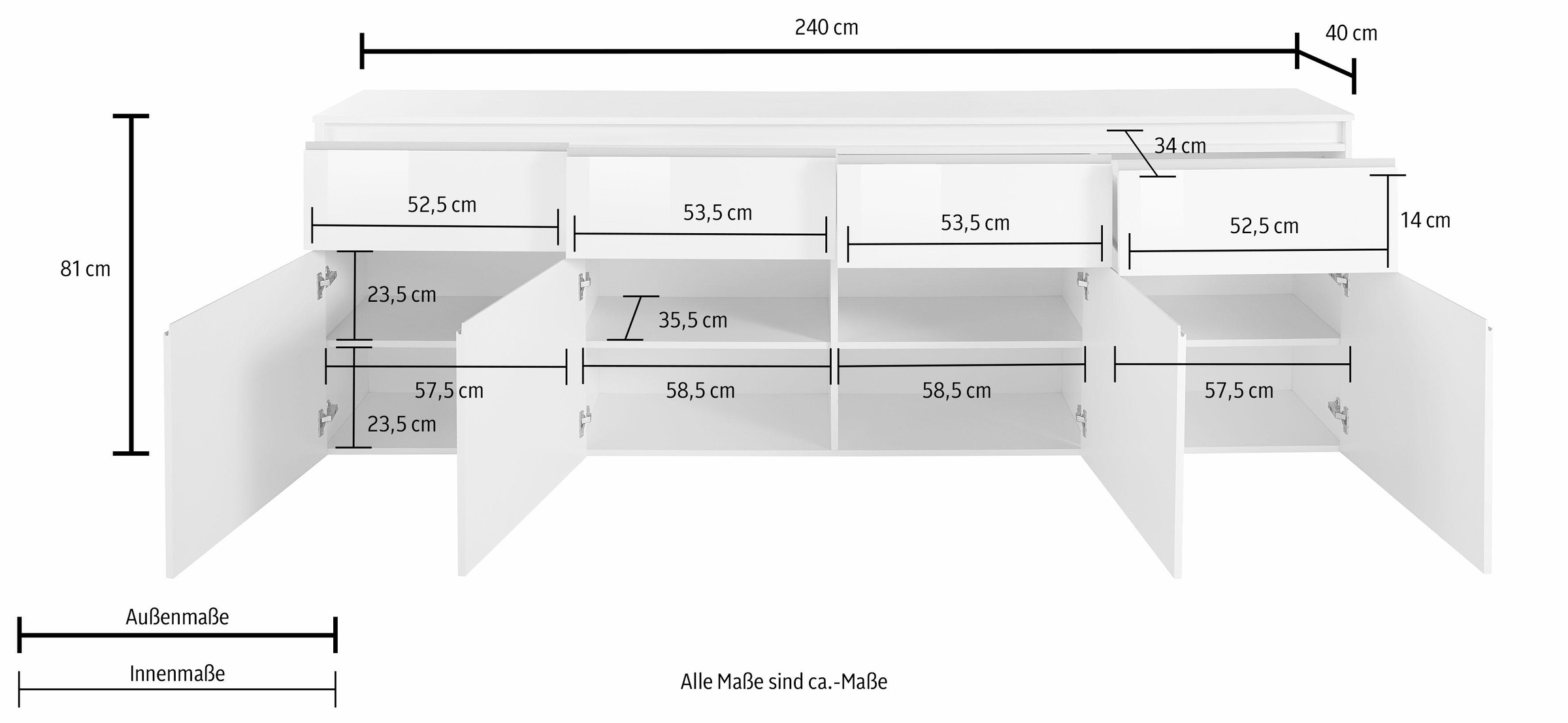 INOSIGN Sideboard »Magic, Kommode, Schrank, Kredenz«, mit 4 Türen, 4 Schubkästen sowie alufarbenen Softgriffen, Breite 240cm