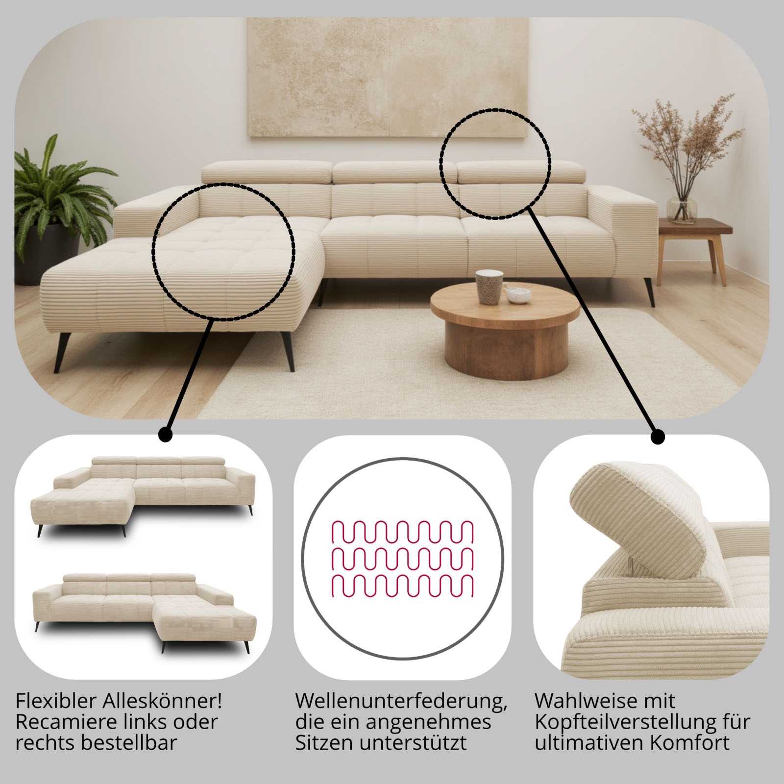 DOMO collection Ecksofa »Trento L-Form, mit Kufenfuss oder Einzelfuss«, wahlweise mit Kopfteilverstellung, Recamiere links/rechts bestellbar