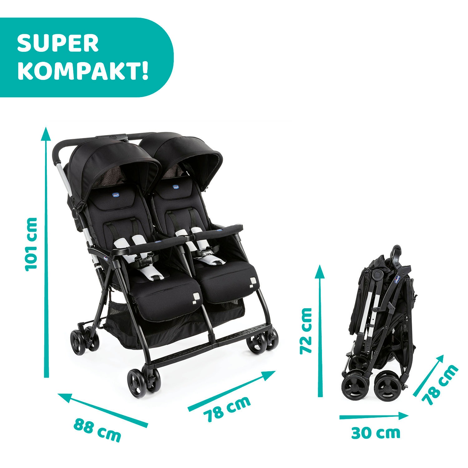Chicco Zwillingsbuggy »OHlalà Twin, Black Night«, 15 kg, Zwillingskinderwagen