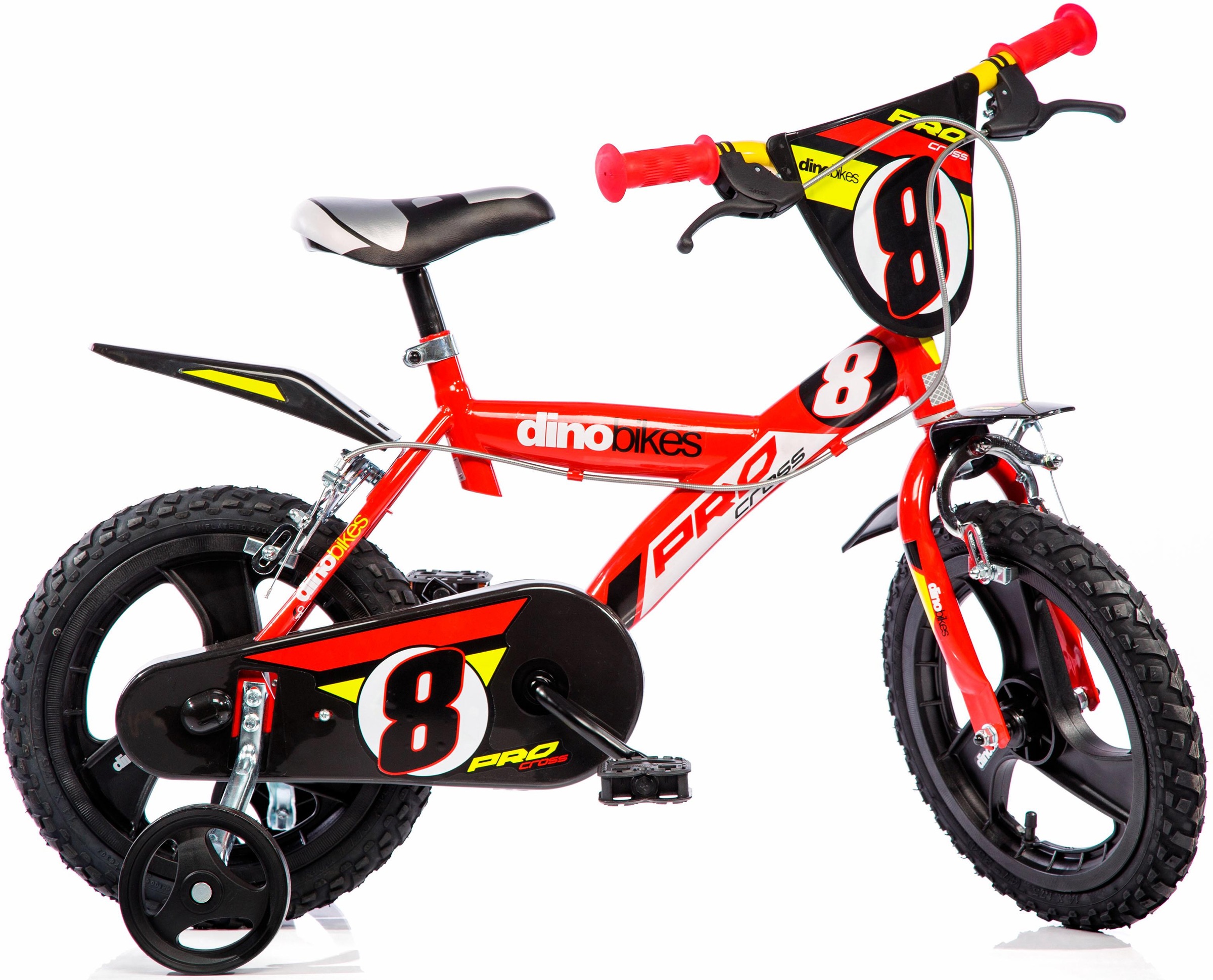 Dino Bikes Kinderfahrrad "14" Pro Cross Kinderfahrrad Jungen Stützräder 3–5 Jahre Stützräder" 1 Gang mit Stützrädern, Frontschild und coolen Schutzblechen