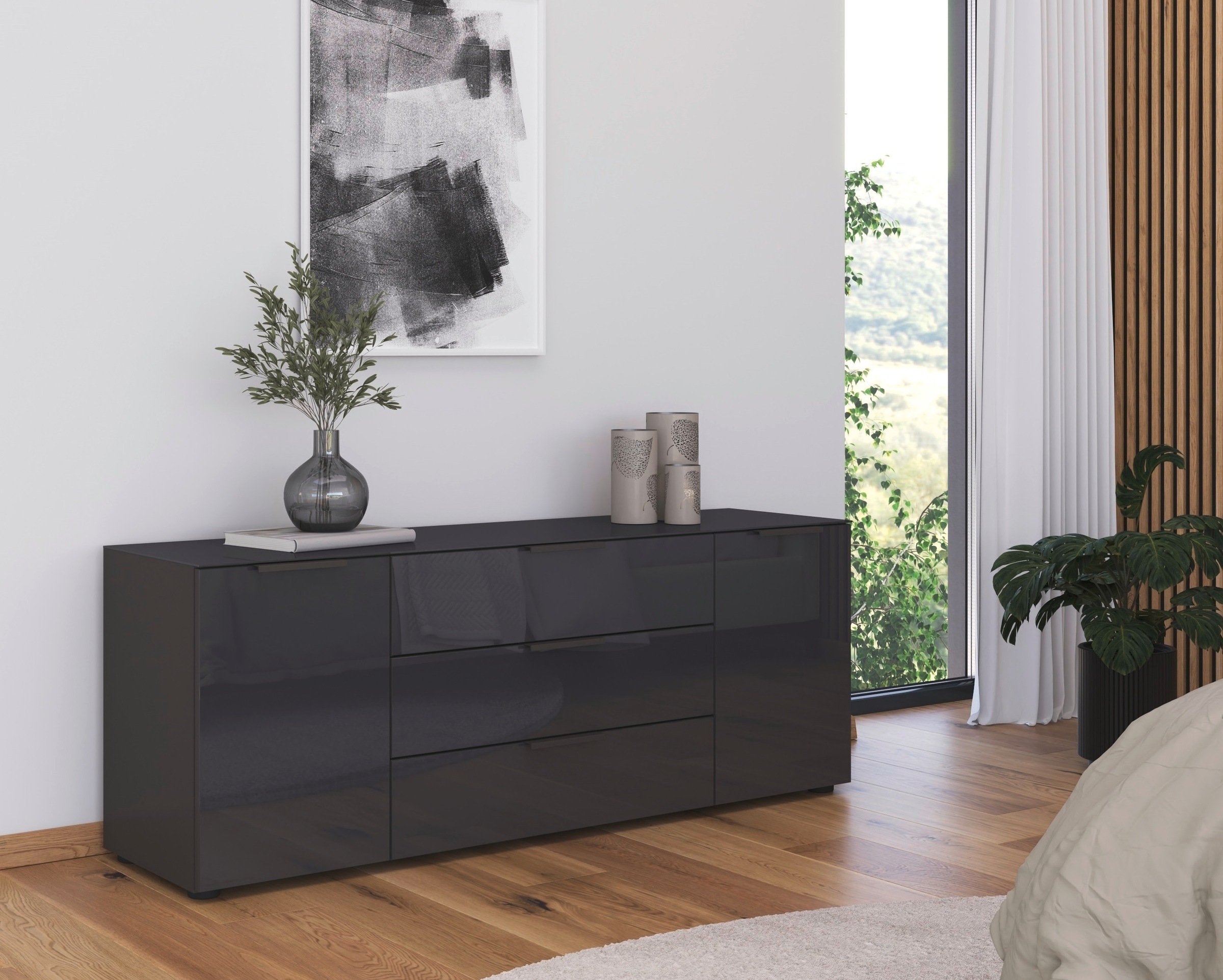 rauch Kombikommode "Kommode Türkommode Sideboard Kombikommode FLIPP mit Glasfront" Breite 160 cm mit 2 Einlegeböden, 2-türig, 3 Schubladen, Soft-Close-Funktion, Oberboden und Front Glas