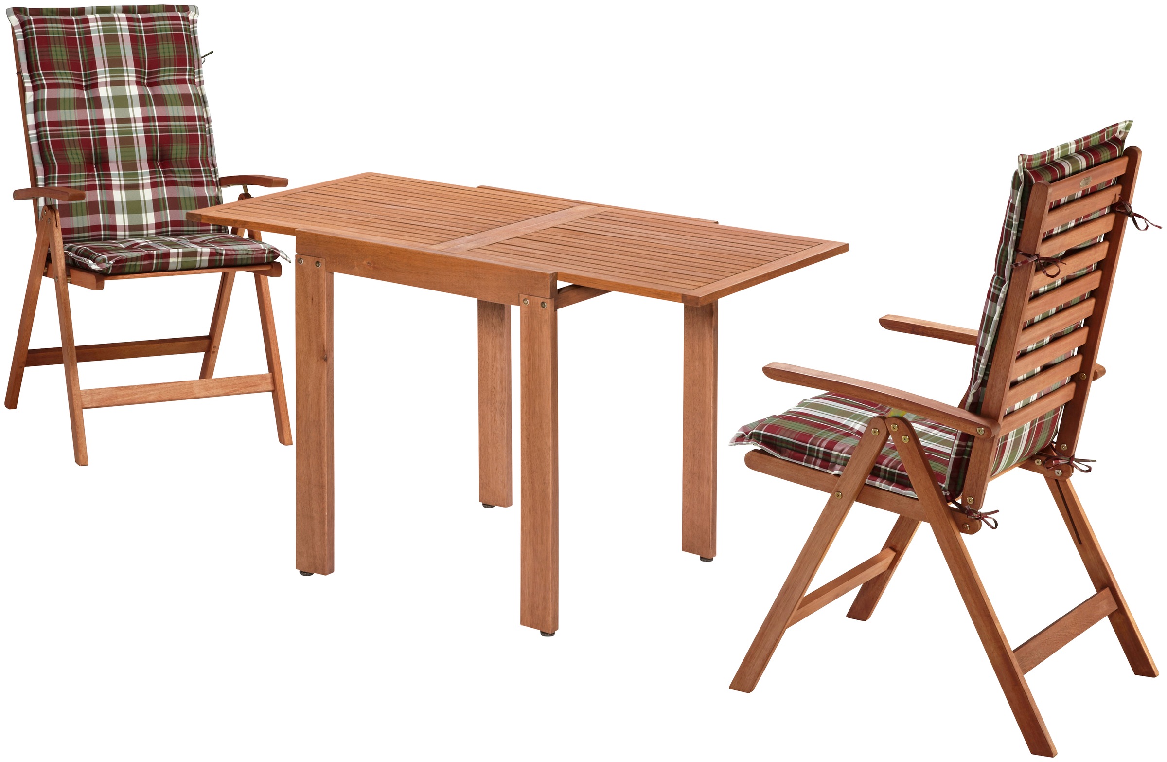 MERXX Balkonset "Borkum" 2x Klappsessel, inkl. Kissen, 1x Balkonausziehtisch 65(130)x65 cm, 5 Stk. tlg. Eukalyptusholz, FSC Mix, geeignet für 2 Personen