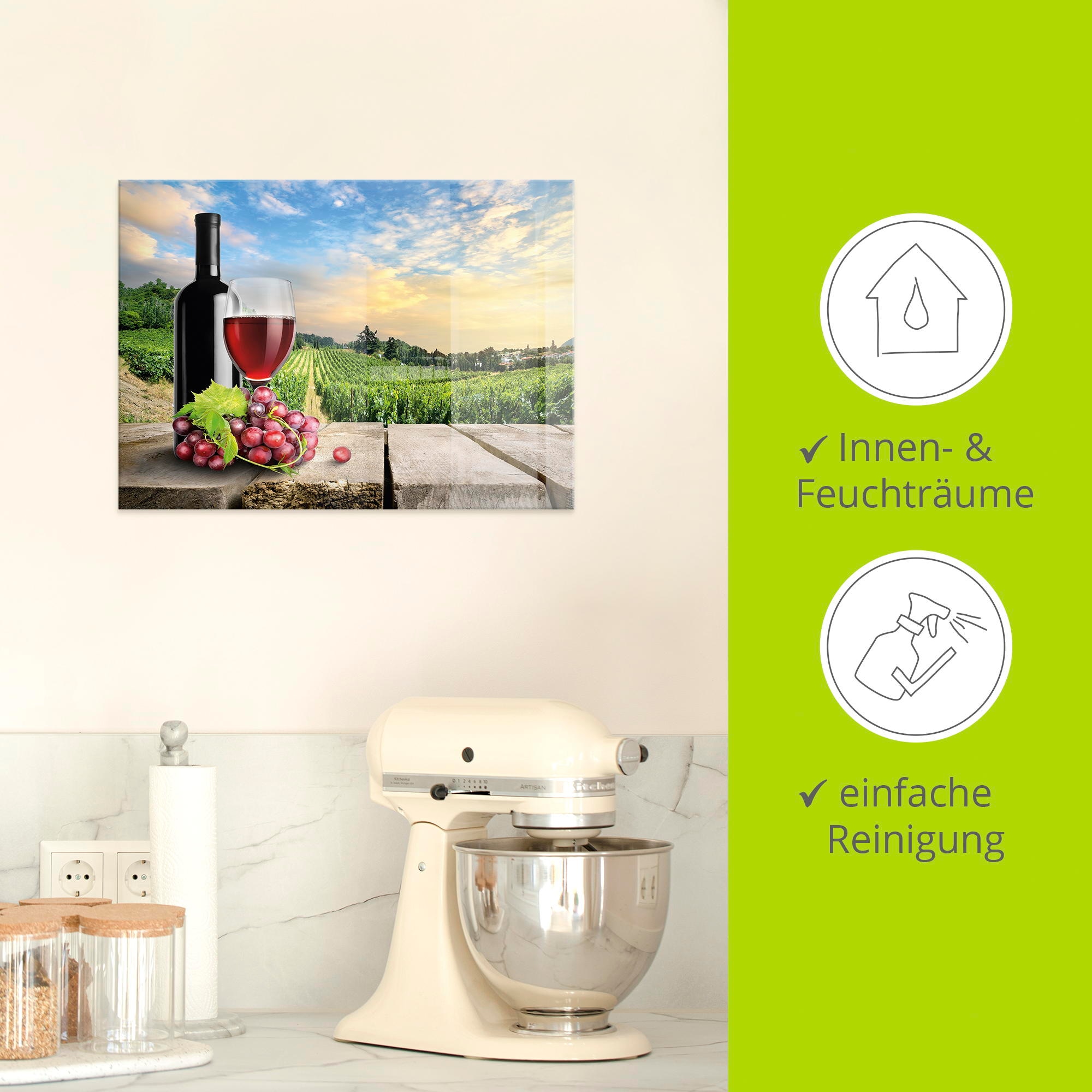 Artland Glasbild »Wein vor Weinbergen«, Berge, (1 St.), in verschiedenen Grössen