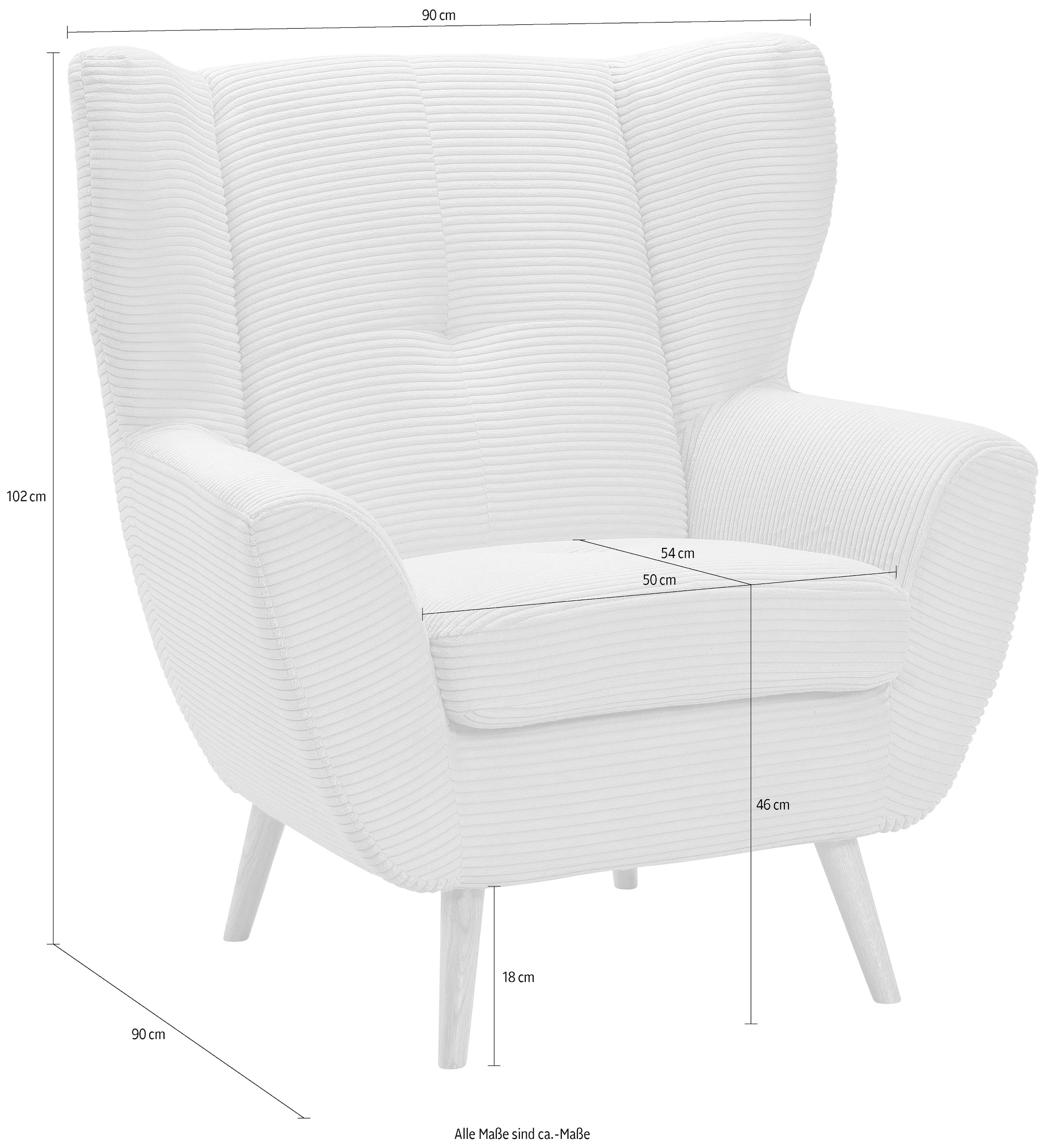 exxpo - sofa fashion Sessel »ALVESTA, Ohrensessel, Loungesessel mit hohem Sitzkomfort«, gemütliche Rückenlehne, mit Knopfheftung und hohen Holzfüssen, in Cord