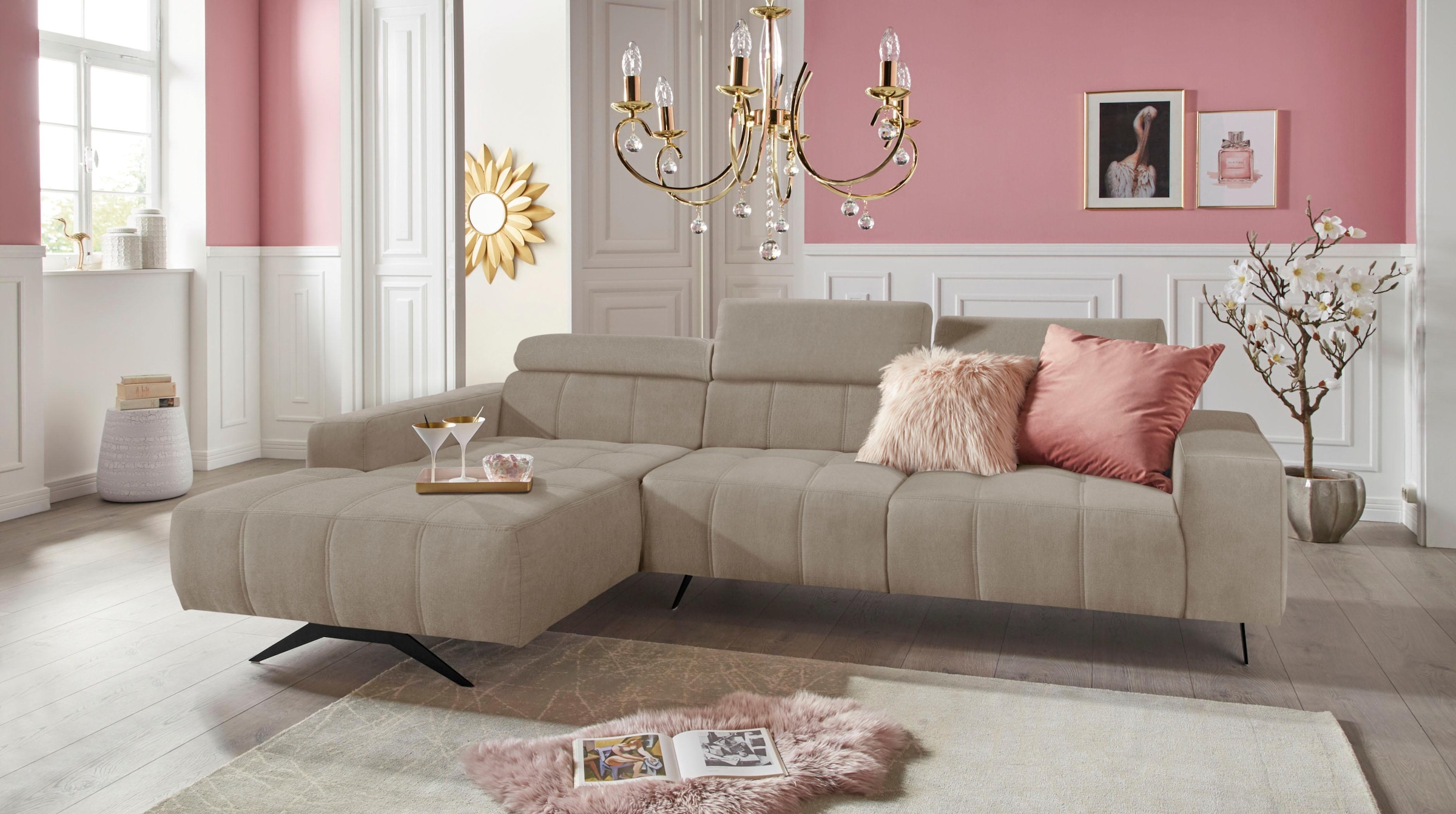 DOMO collection Ecksofa »Trento L-Form, mit Kufenfuss oder Einzelfuss«, wahlweise mit Kopfteilverstellung, Recamiere links/rechts bestellbar