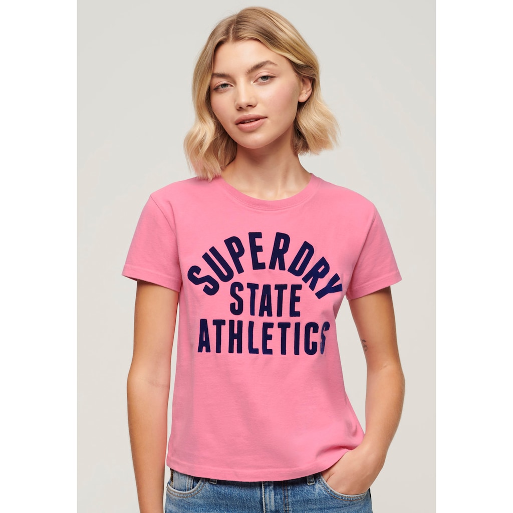 Superdry Print-Shirt »stylisches T-Shirt VARSITY FLOCKED FITTED TEE mit bedrucktem Design«, (Rundhals, Kurzarm, Logodruck, Frontdruck, Flockprint)