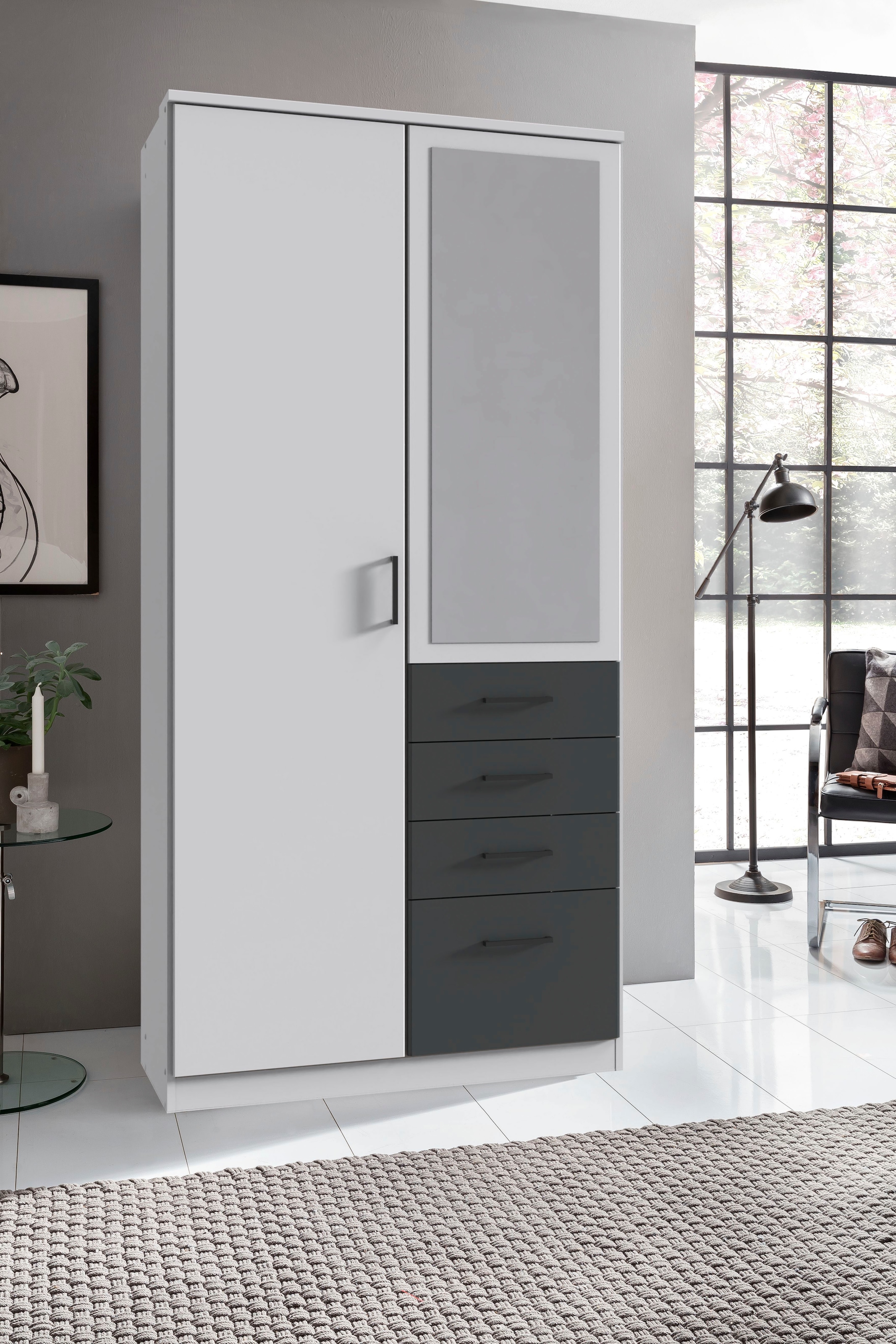Wimex Kleiderschrank »Cottbus, in weiss oder grau modern kombiniert mit graphitfb.Schubladen«, (in 3 Grössen, schwarze Griffe, Made in Germany), mit 4 Schubladen, wahlweise mit oder ohne Spiegel
