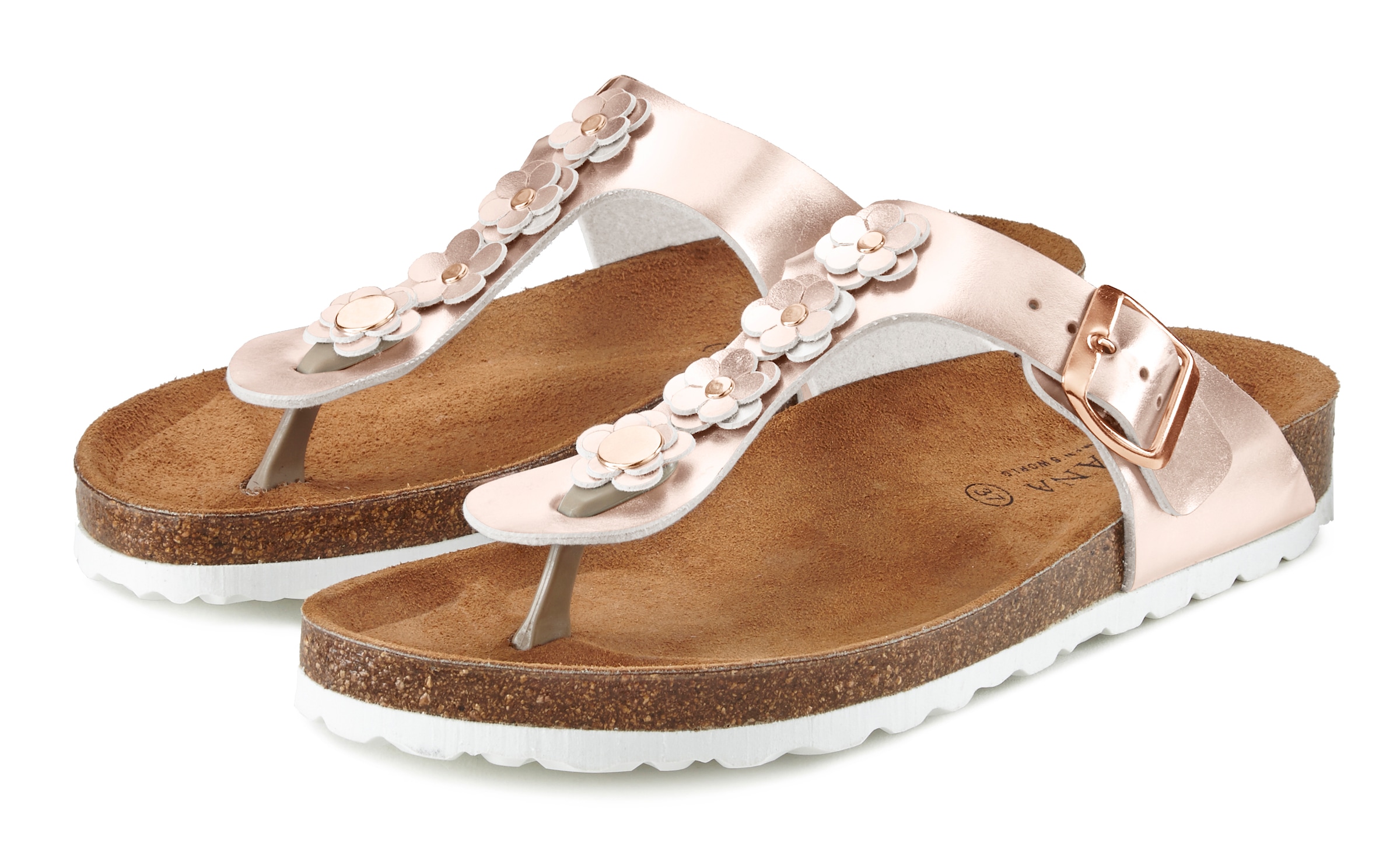 LASCANA Zehentrenner »Sandale, Pantolette, offener Schuh, Sommerschuh,«, mit modischer Applikation und Komfortkorkfussbett aus Leder