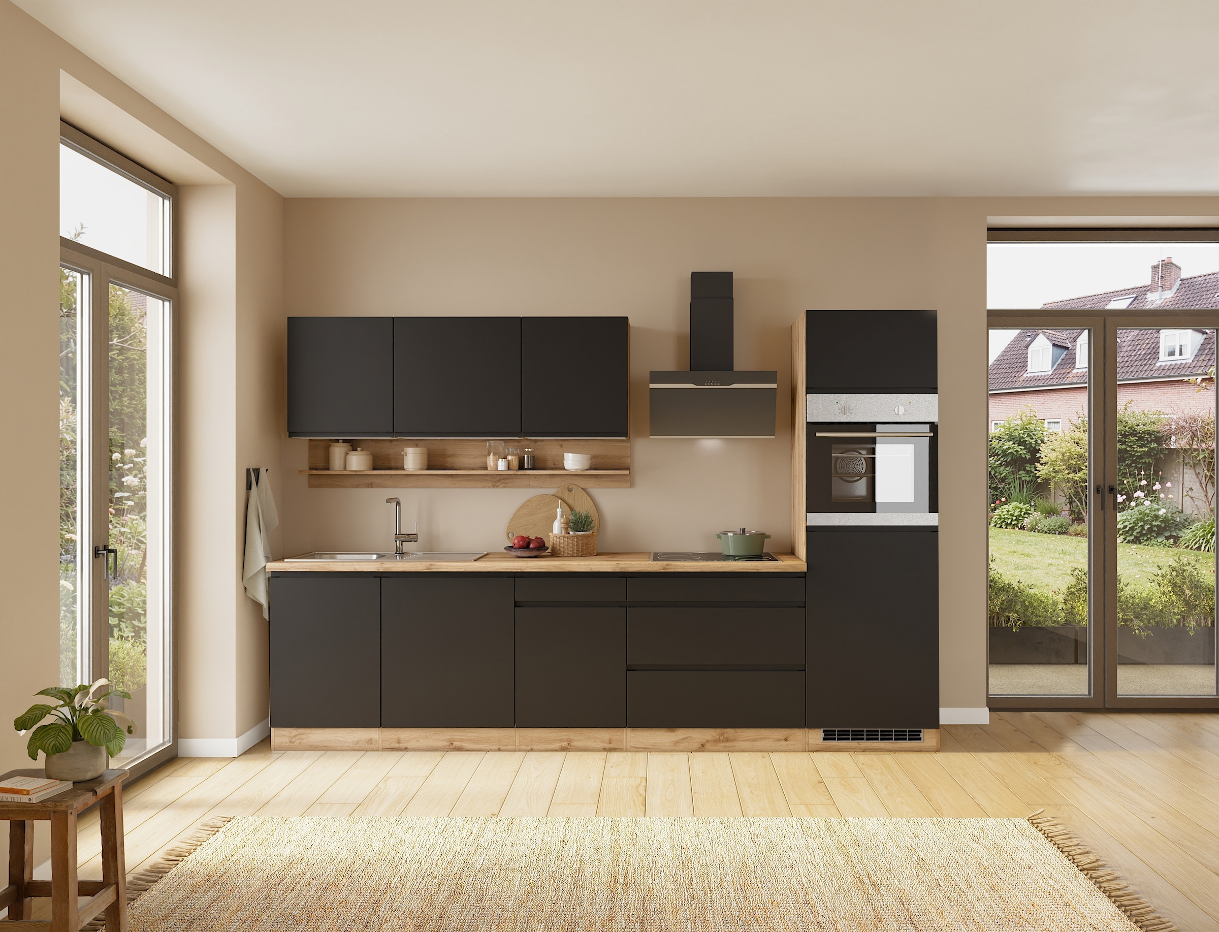 KOCHSTATION Küchenzeile "KS-Virginia,neu in verbesserter Ausführung" Arbeitsplatte 38 mm stark, Stauraum, Softclose, Breite 300 cm, Soft-Close, wahlweise mit E-Geräten