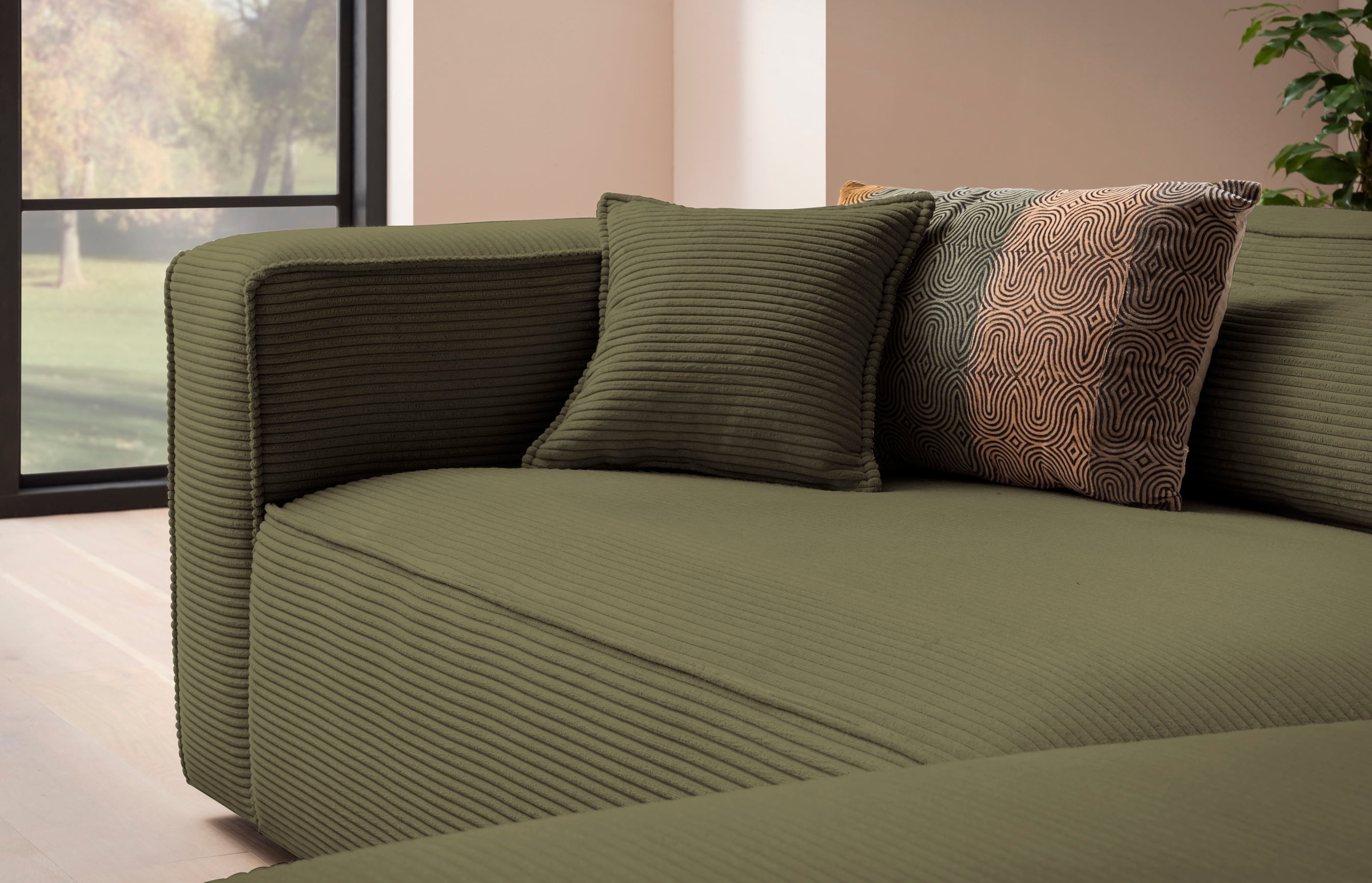 LeGer Home by Lena Gercke Ecksofa »PIARA XXL, Big-Sofa in Cord oder Leinenoptik, L-Form, mit Kedernaht«, wahlweise Ottomane rechts/links, schwarze Füsse, extra tiefe Sitzfläche