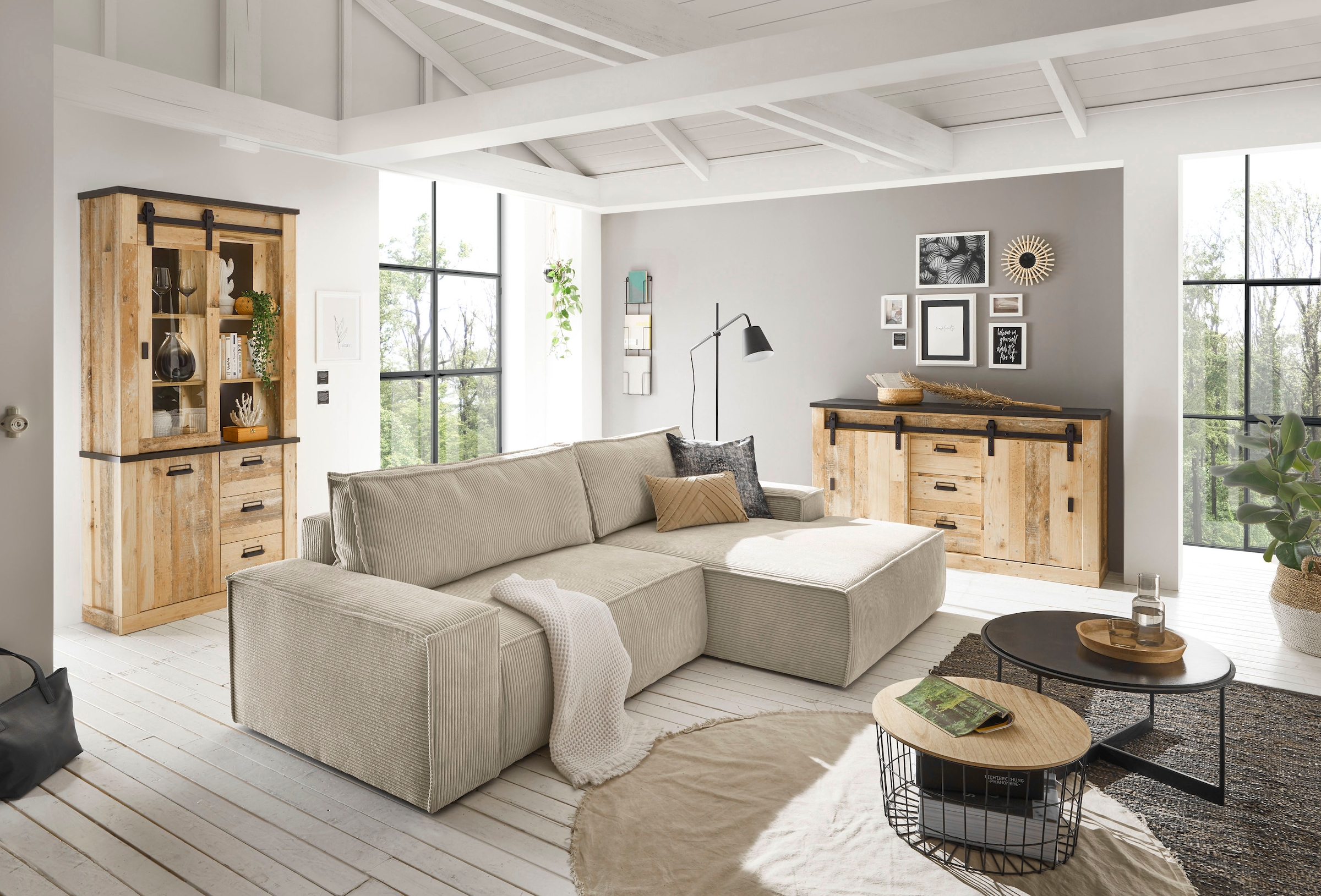 Home affaire Ecksofa SHERWOOD Schlafsofa 267 cm, L-Form, Schlaffunktion mit Bettkasten (210x136 cm), Cord, Vintage, Samtvelours