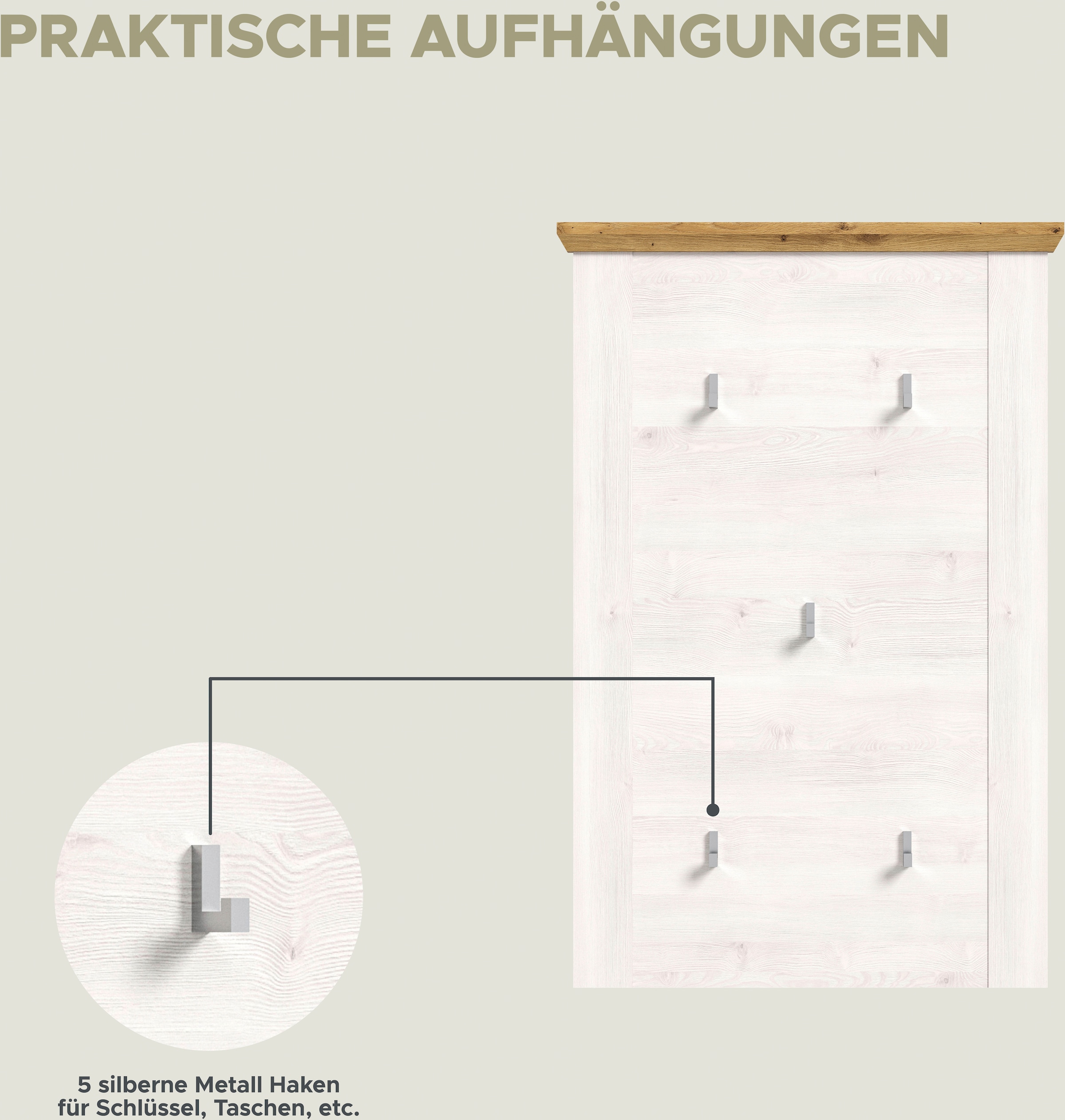 Home affaire Garderoben-Set »COSENZA, TOPSELLER!, Breite ca. 285 cm, 5-teilig, in Landhausoptik«, (5 St., Garderobenschrank, Sitzbank, Garderobenpaneel, Schuhschrank, Spiegel), Garderobenkombination, Kombination, Diele, Garderobe, Garderobenmöbel