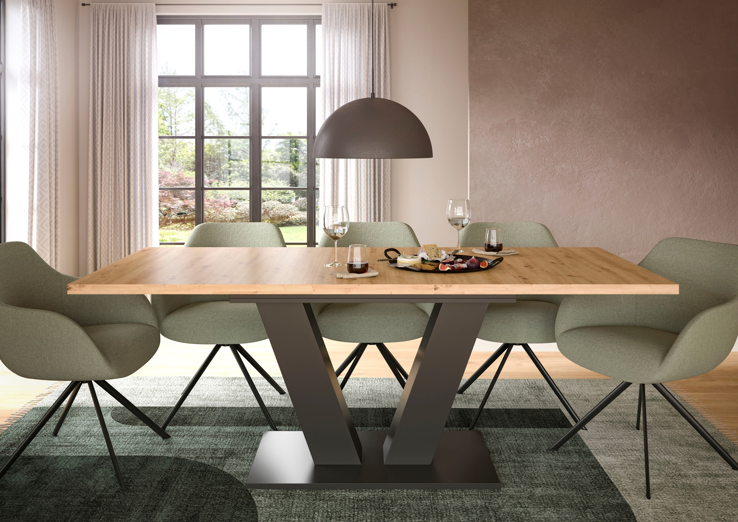 INOSIGN Esstisch »Motus, ausziehbar 150 -190 cm, inklusive 40 cm Einlegeplatte«, (Set, 1 St.), V-Gestell mit Bodenplatte, Tisch, Küchentisch, Esszimmer, Küche