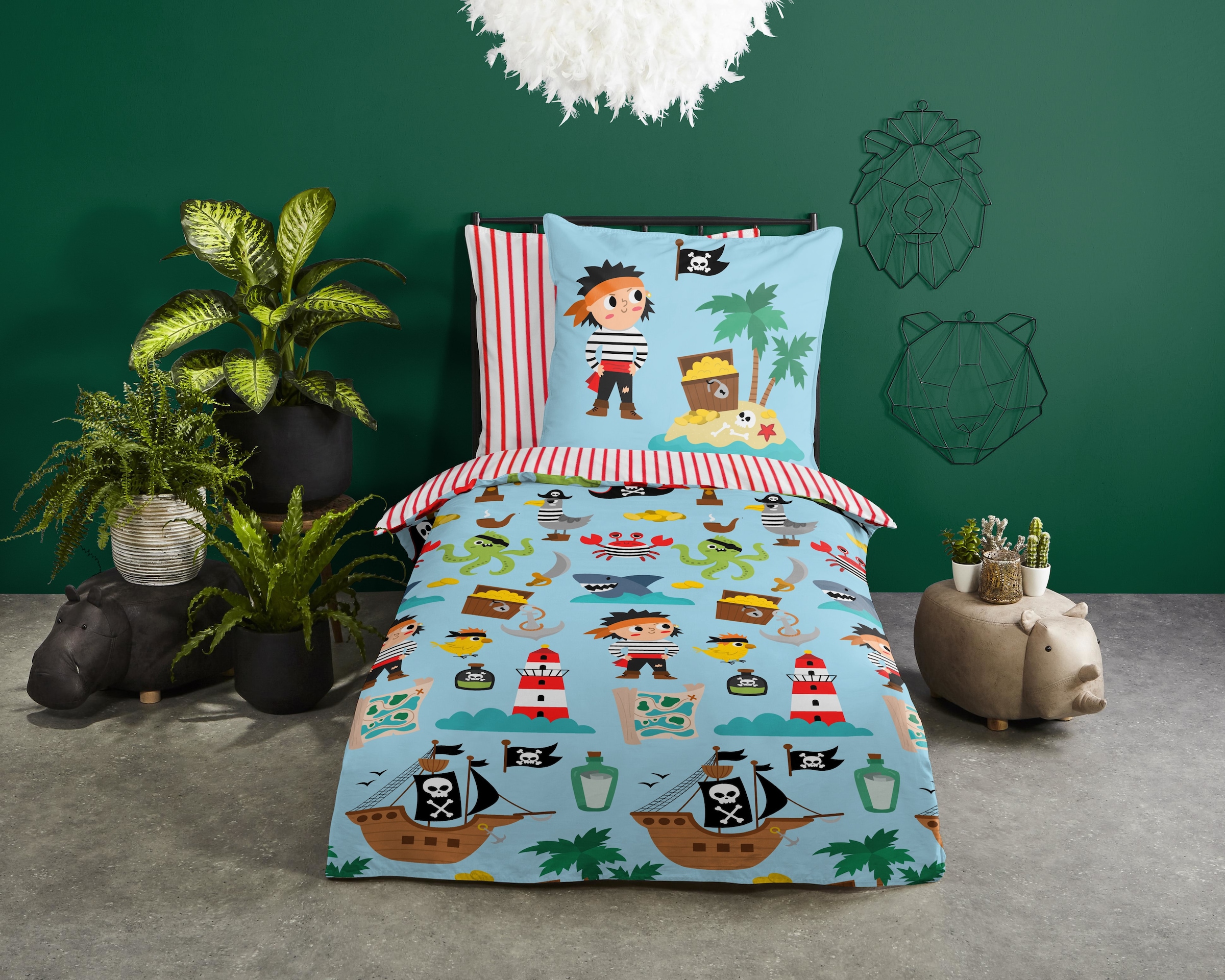 good morning Kinderbettwäsche »Caribbean«, Baumwolle, Reissverschluss, Wende, Baby, Kind, Junge, Piraten, Türkis