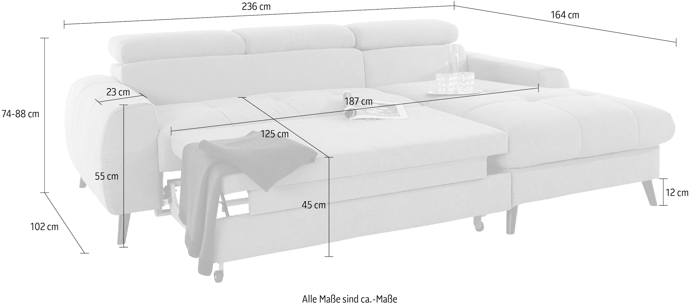 COTTA Ecksofa »Mia L-Form«, 3-tlg.-Kissen-Set, Recamiere, wahlweise mit oder ohne RGB-Beleuchtung