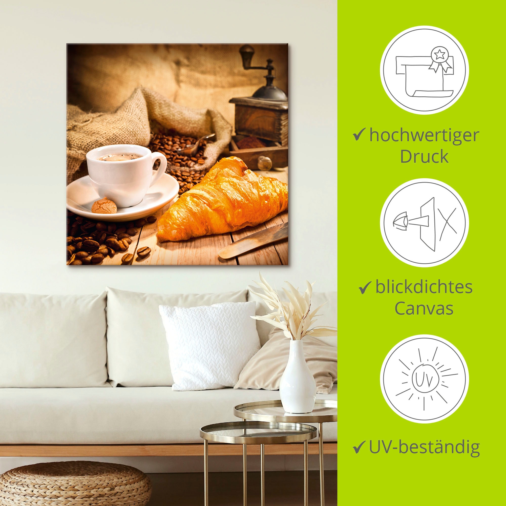 Artland Wandbild »Kaffeetasse mit Croissant«, Getränke, (1 St.), als Leinwandbild, Poster in verschied. Grössen
