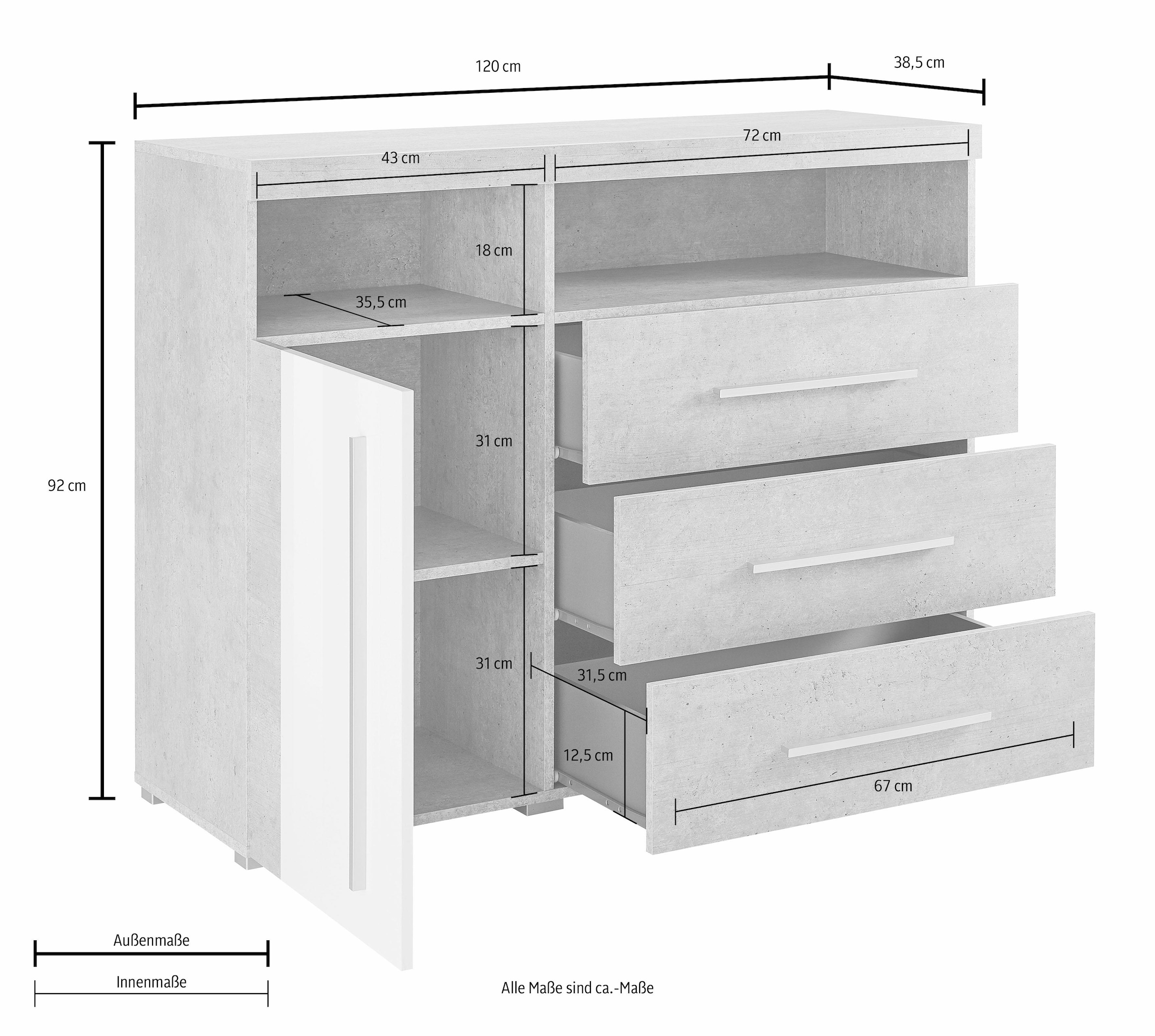 INOSIGN Sideboard »Roger,Breite 120cm, moderne Anrichte mit 3 Schubladen«, Kommode mit viel Stauraum, Masse 120x92x38,5 (B/H/T)