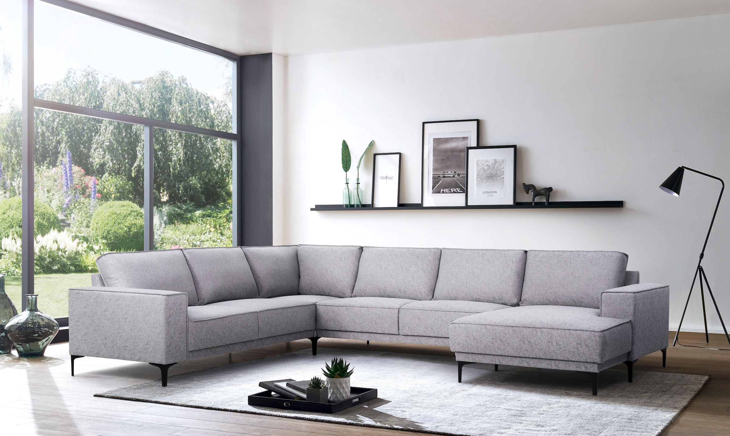 Places of Style Wohnlandschaft »XXL Sofa Oland, Struktur, Flachgewebe, Luxus-Microfaser, Boucle«, U-Form, 342 cm, Wellenunterfederung, Skandi-Design, Metallfüsse