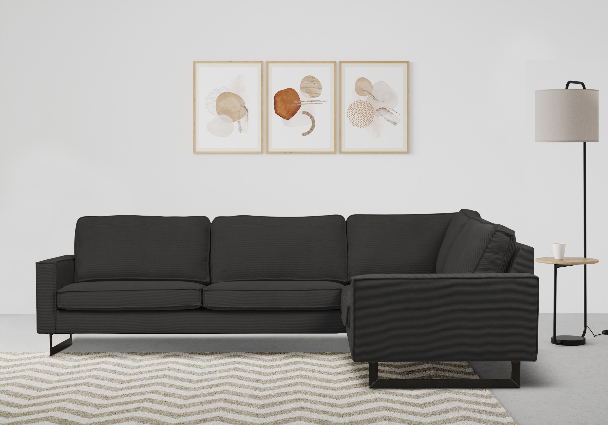Places of Style Ecksofa »Pinto, XXL, 250/290 cm, langer Schenkel, Ottomane«, Cord, Chenille, Lederoptik, mit Keder, Metallfüsse, Wellenunterfederung