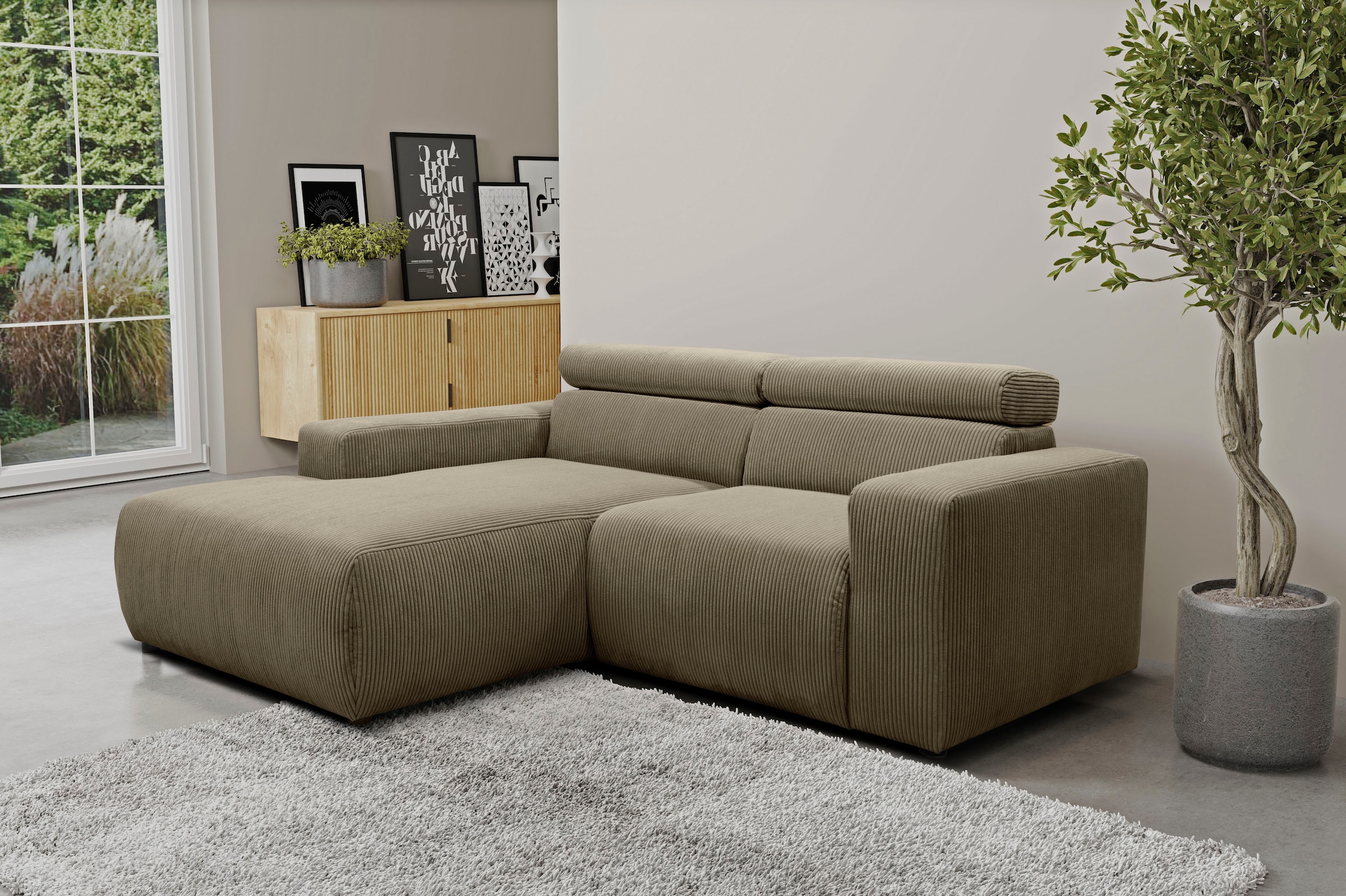 DOMO collection Ecksofa »Brandon B/T: 214/100 cm, belastbar bis 140kg/ Sitz, L-Form«, Cord, schlamm