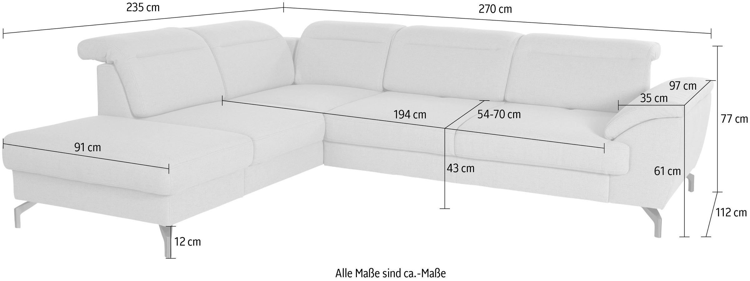 sit&more Ecksofa »Percy L-Form«, 12 cm Fusshöhe, Sitztiefenverstellung, wahlweise in 2 Fussfarben
