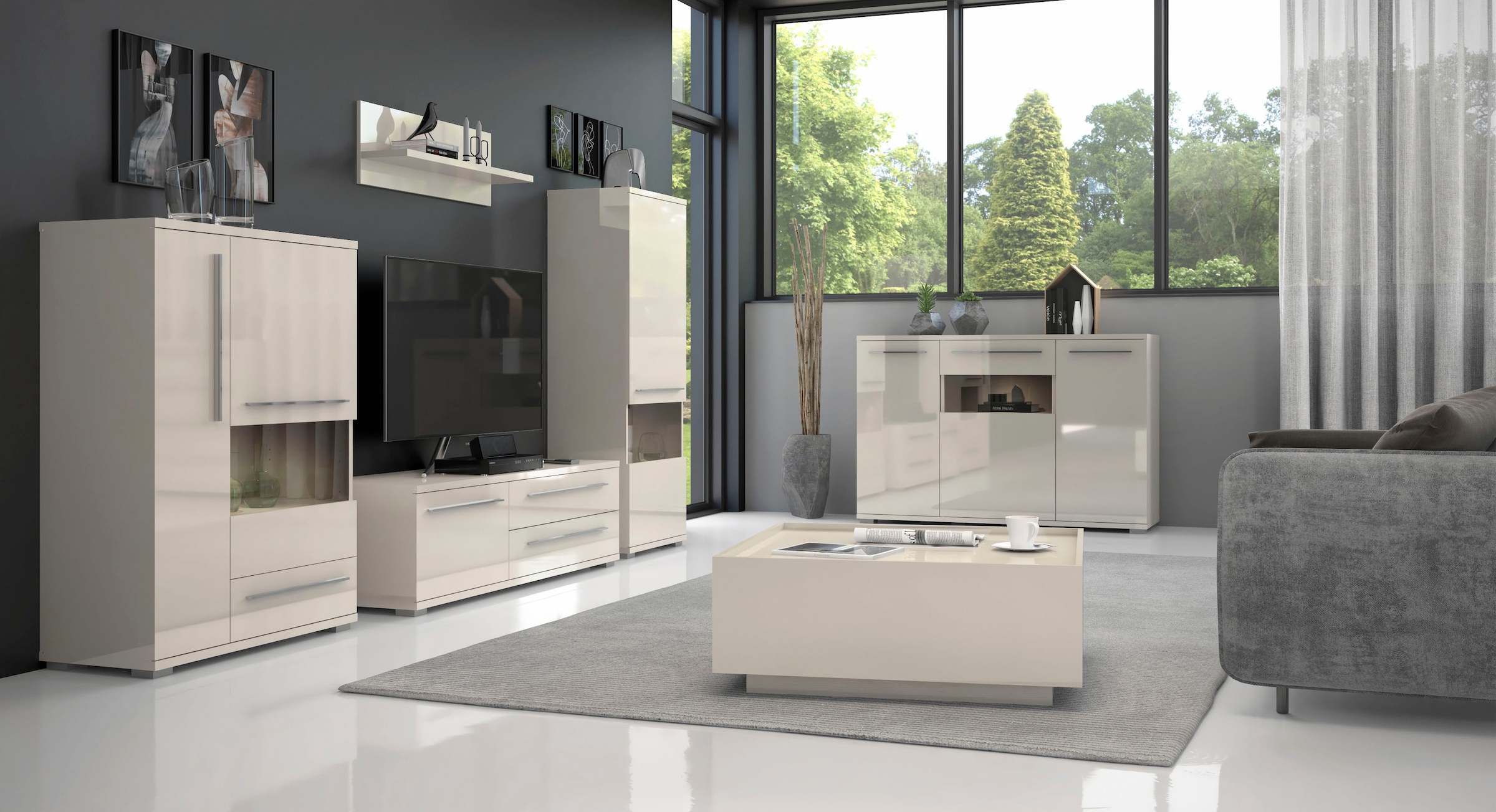 Places of Style Kommode »Piano«, (H/B/T): 84,6/150/45,2cm), Hochglanz UV lackiert, Soft-Close Funktion