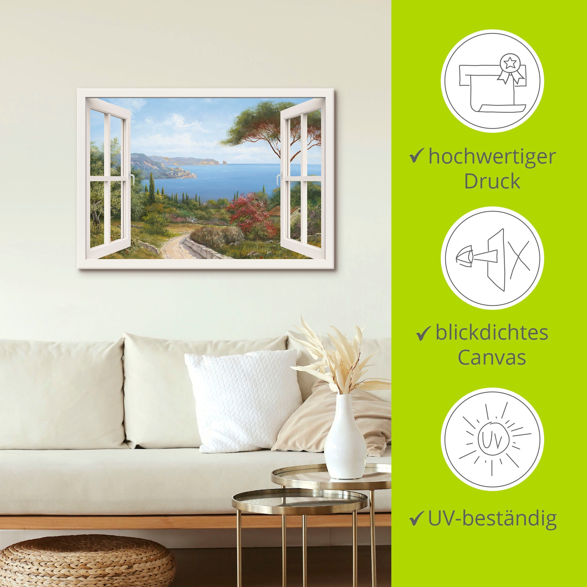 Artland Wandbild »Fensterblick - Haus am Meer I«, Fensterblick, (1 St.), als Leinwandbild, Poster, Wandaufkleber in verschied. Grössen