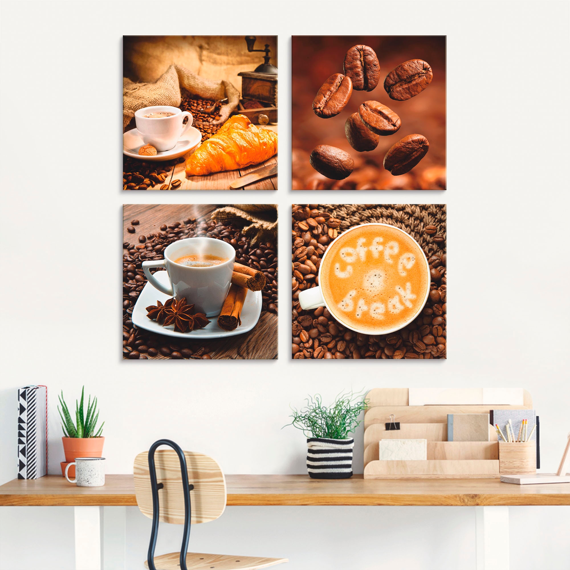 Artland Glasbild »Kaffeetasse Croissant Kaffeebohnen«, Getränke, (4 St.), in verschiedenen Grössen