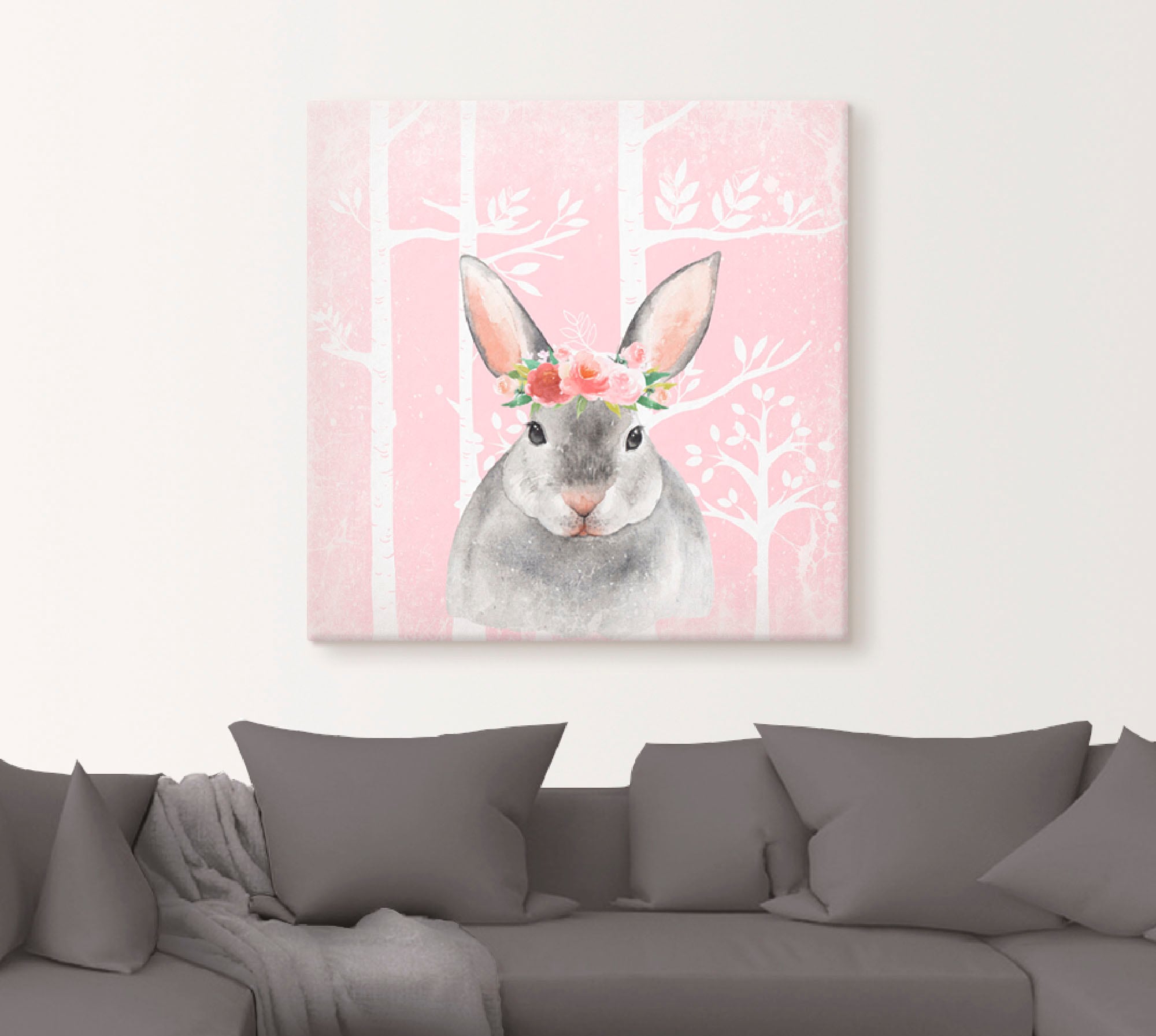 Artland Leinwandbild »Hase mit Blumen im pink Wald«, Tiere, (1 St.), auf Keilrahmen gespannt